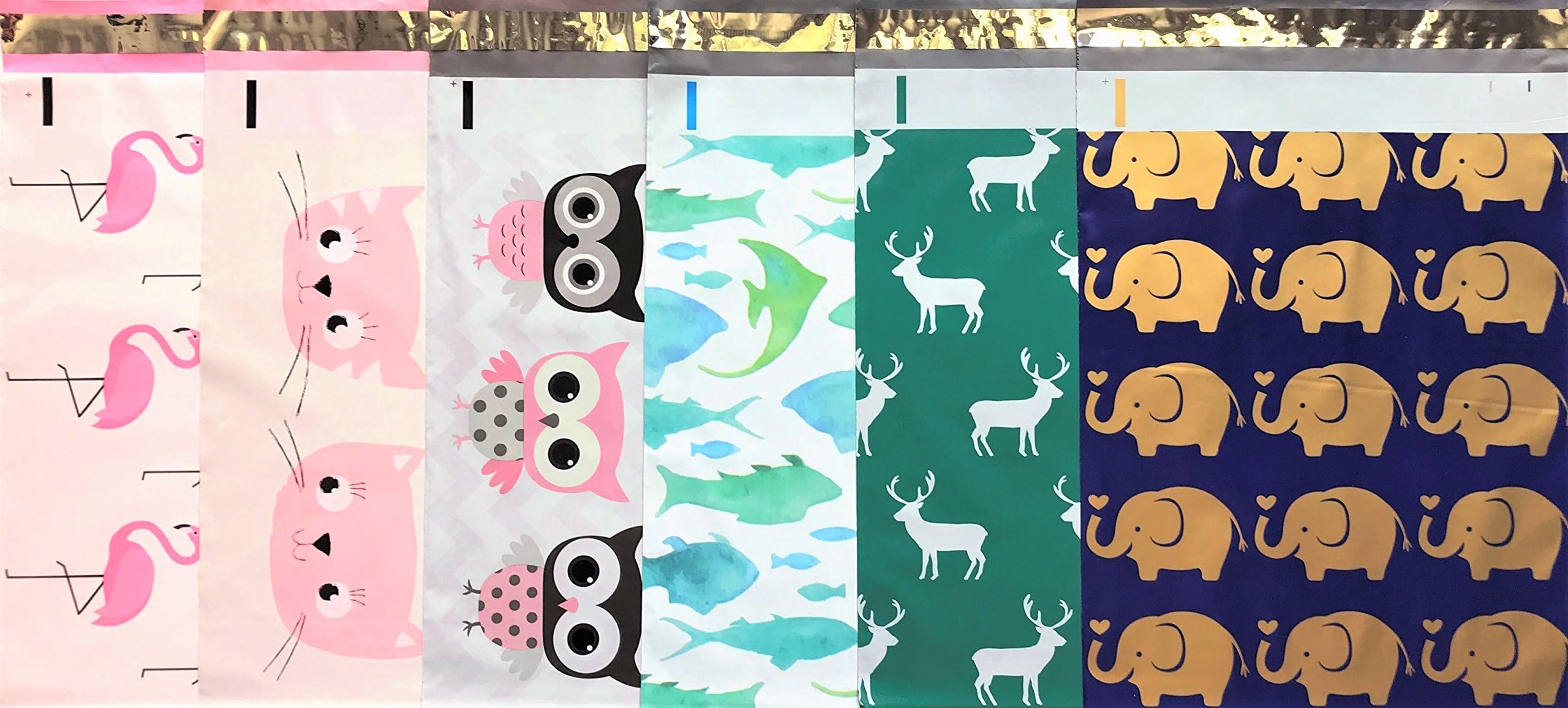 Designer Poly Mailers 10x13 : Animal Mix Pack ~ Pink Flamingo, Pink Cat, Owl, Marine Fish, Elk Deer, Gold Elephant; Printed Self Sealing Shipping Poly Envelopes Bag (30 Animal Mix Pack)