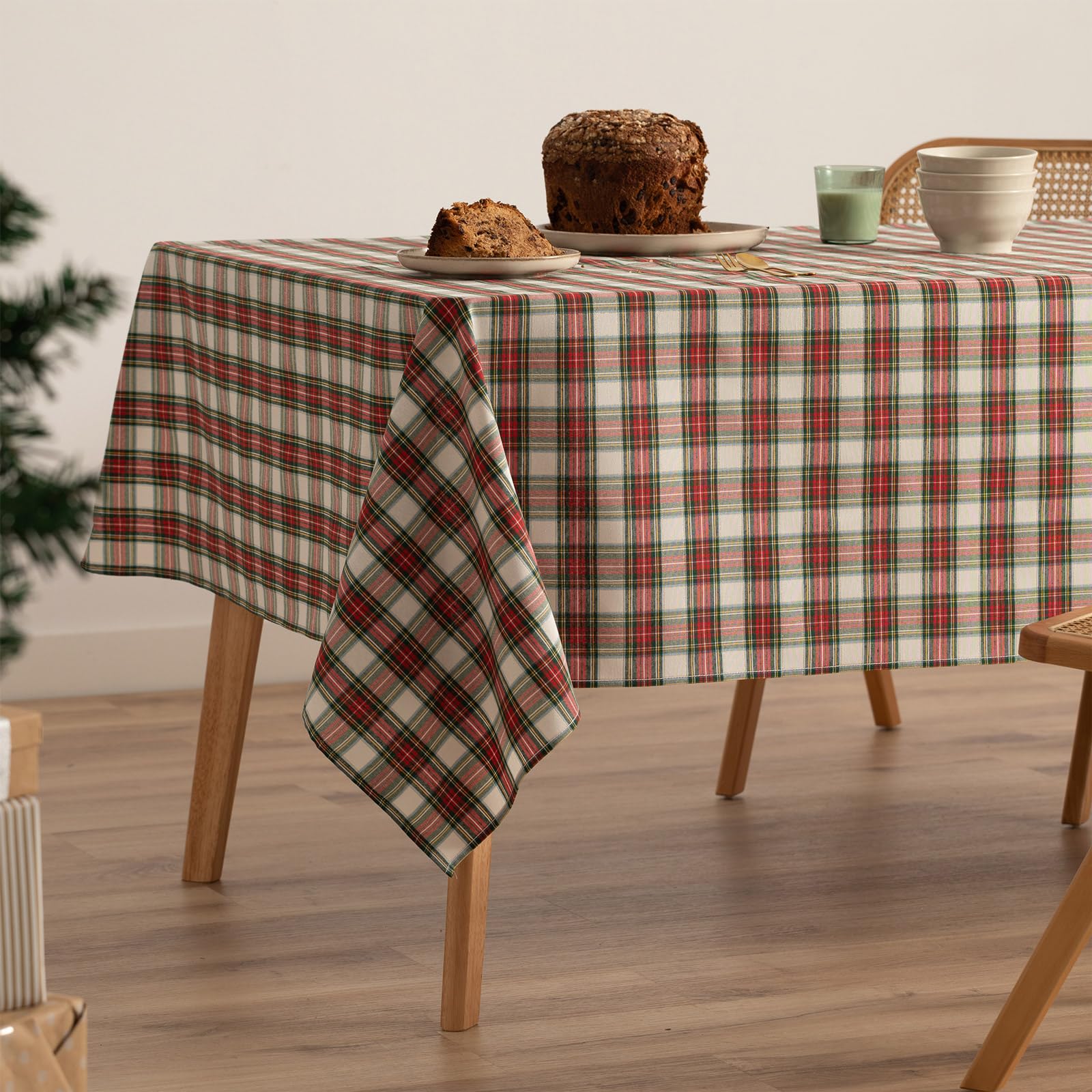 GAMUSI Mantel Mesa Rectangular Navidad Tela Cuadro Rojo y Blanco Hilo Oro Mesa Comedor Decoración Navideña 140x200 cm Color Rojo y Blanco