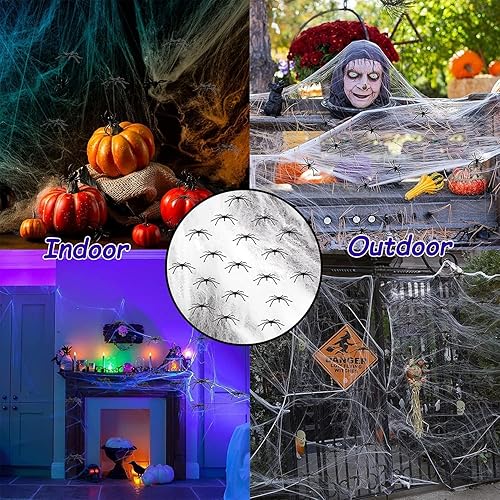 Miniatura 5 de 900 pies cuadrados de telarañas decorativas de Halloween, incluyendo 30 arañas negras falsas, 20 arañas luminosas y telarañas superestiradas (obtén