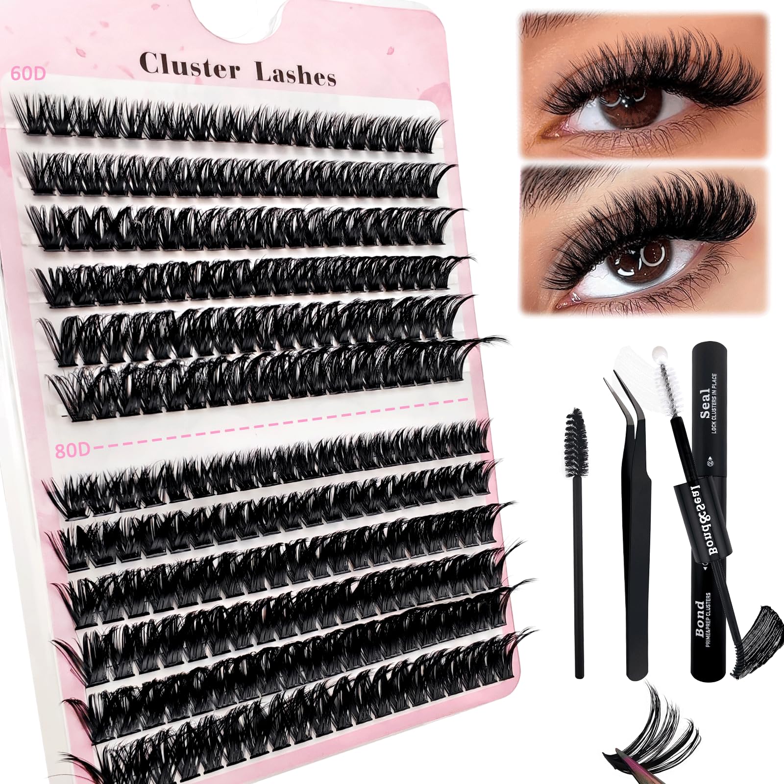 Heracks Juego de 240 extensiones de pestañas DIY 0.07D pestañas postizas individuales con pegamento para pestañas y pinzas para principiantes mechones de pestañas reutilizables (240P-60+80D)