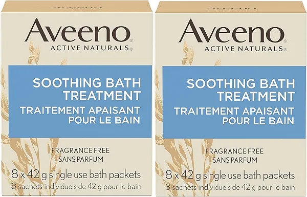 Aveeno Fragrance Free Soothing Bath Treatment, 100% Natural Colloidal Oatmeal, Sensitive Skin Bath Soak for Relief of Dry, Itchy, Irritated Skin Due to Eczema & Hives, Bath Packets, 8 ct. (Pack of 2)