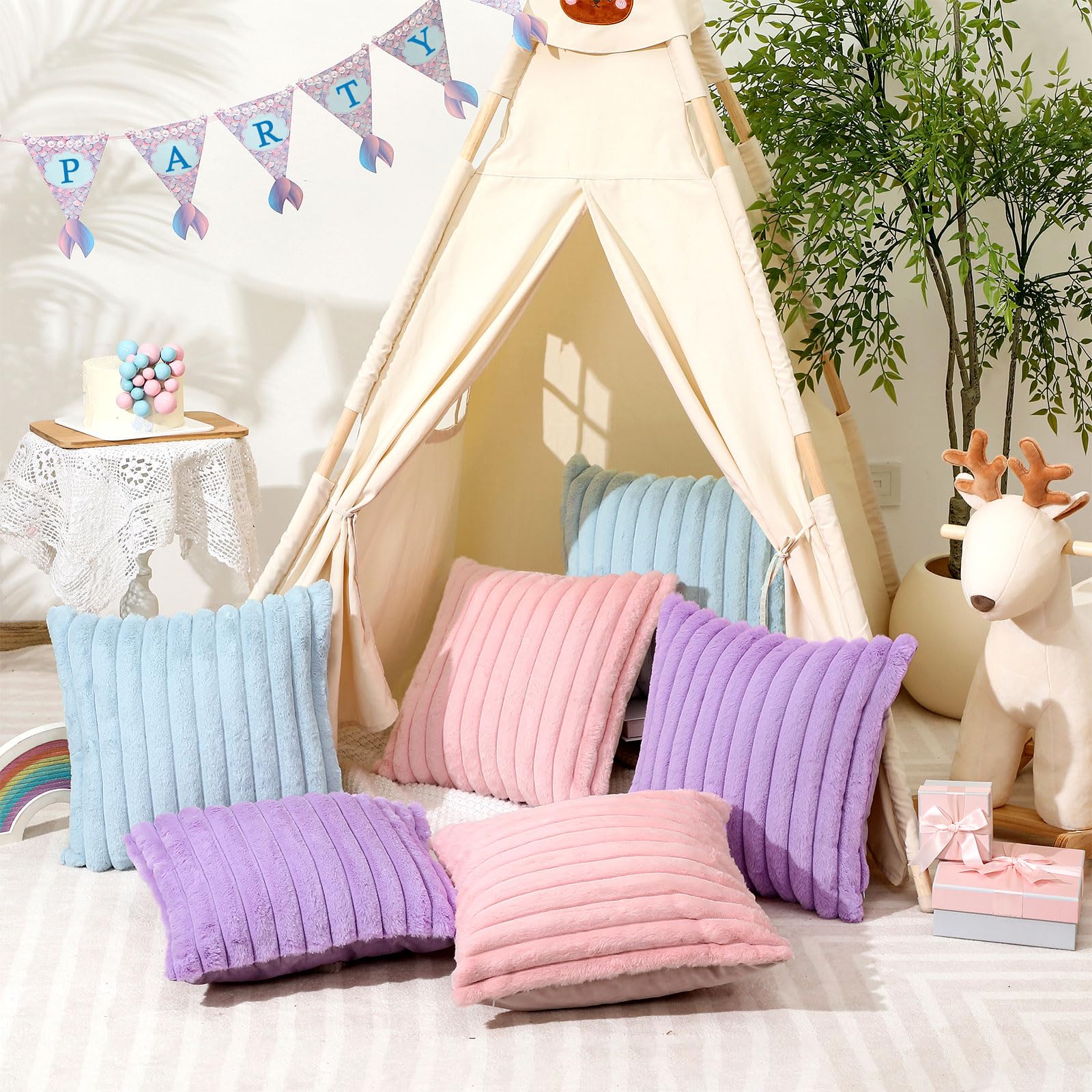 Mixweer 6 federe per cuscini in finta pelliccia, 45 x 45 cm, decorative a righe, morbide, per dormire, feste, divano, camera da letto, soggiorno (rosa, viola, blu)