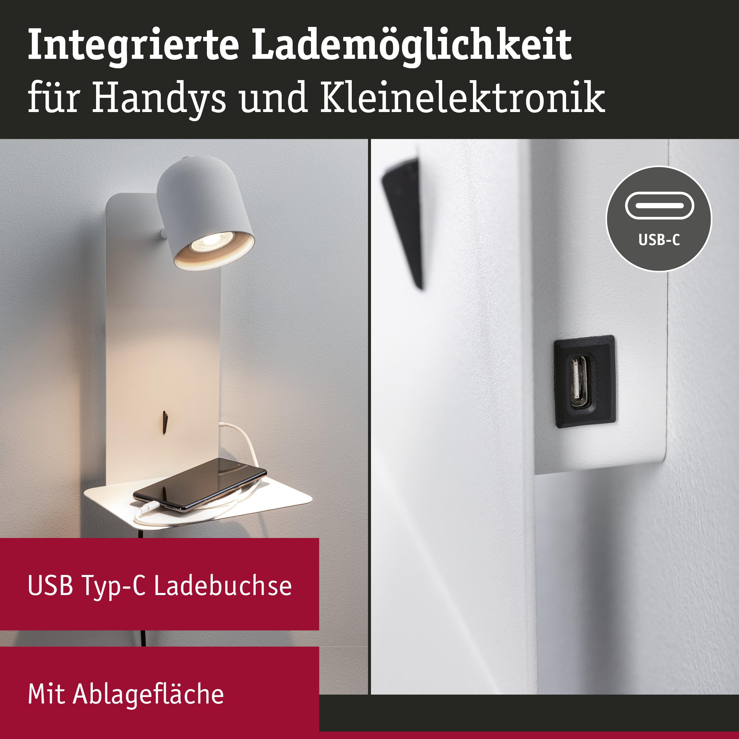 Paulmann 71098 Wandleuchte Malena USB C GU10 230V max. 5W Weiß matt Wandleselampe