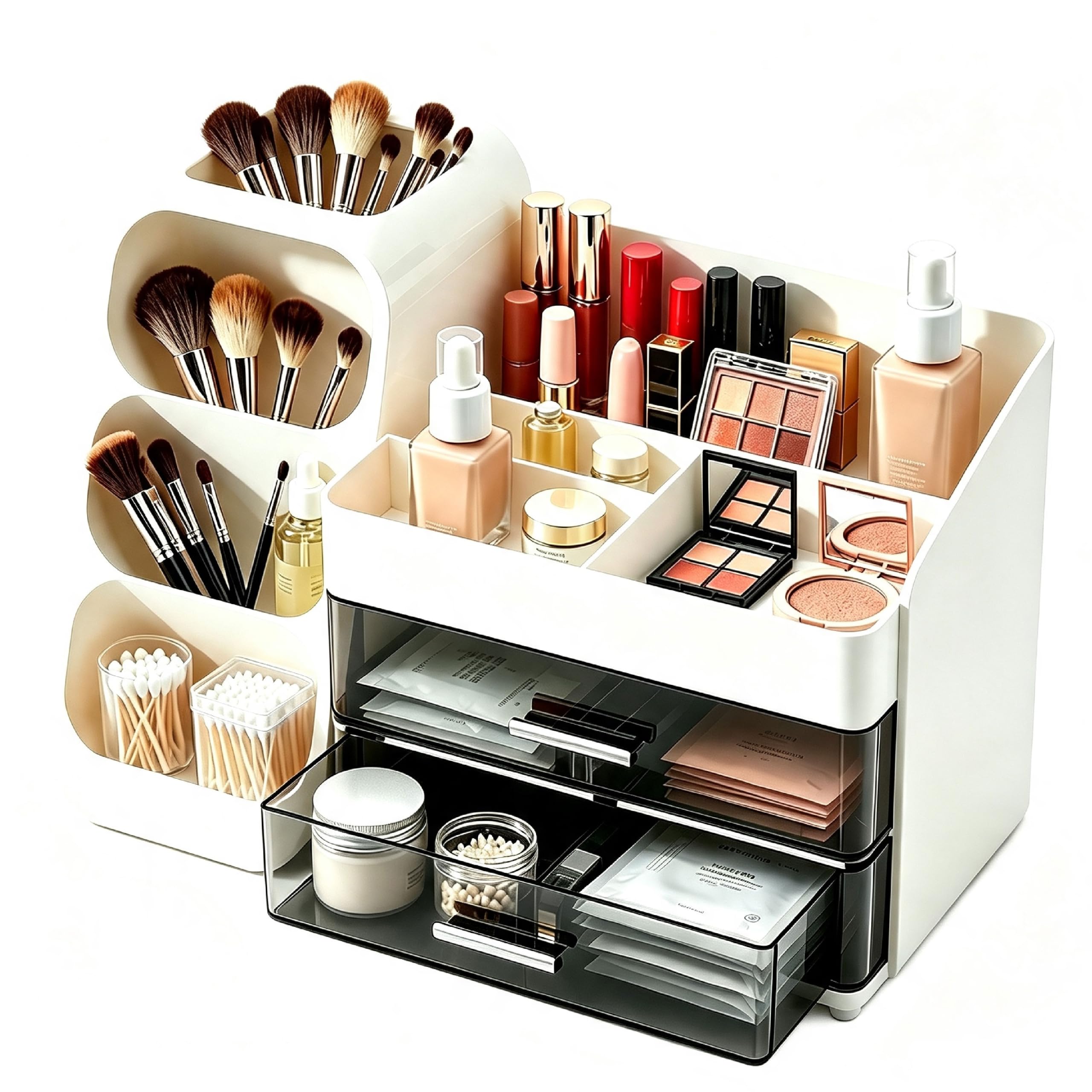 Organizador de cosméticos grande con cajones – 3 en 1 para brochas y cosméticos, elegante caja blanca para organizar y almacenar en el tocador