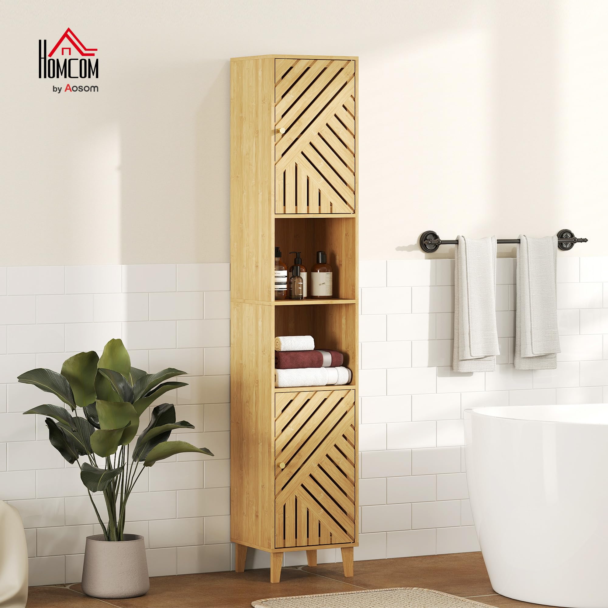 HOMCOM Armario de Baño Alto con Puertas y Patas de Bambú, Columna de Baño Estrecha, 32x30x170 cm, Estantes Regulables, Compartimento Abierto, Natural