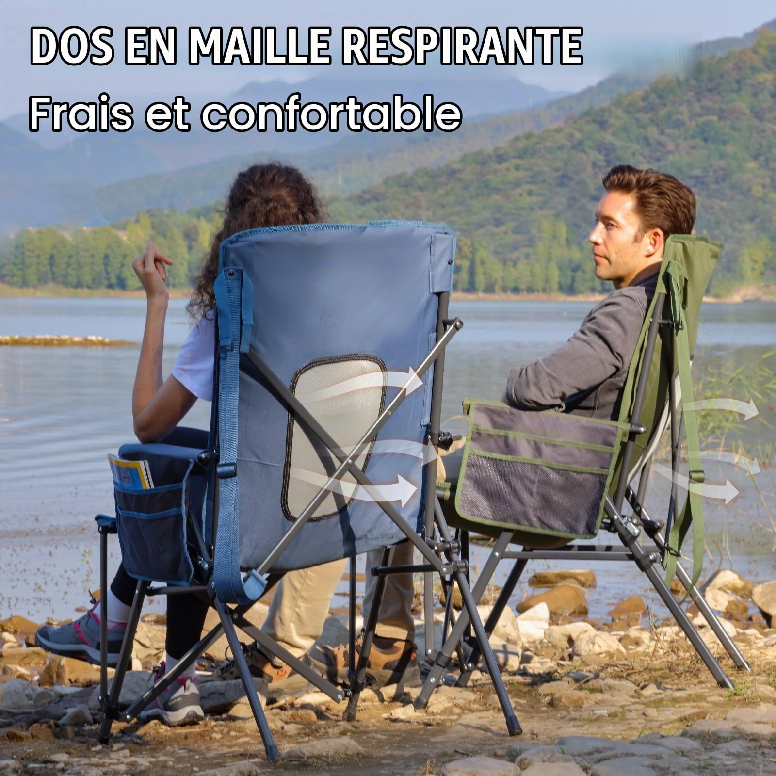 Portal Chaise Pliante Camping - jusqu'à 180 kg Dossier Haut avec Poche latérale Porte-Boisson