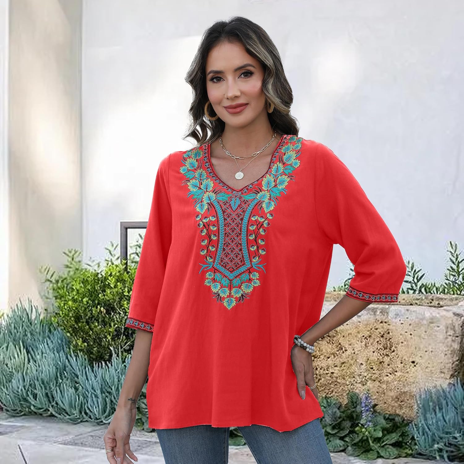 AK Women Boho Embroidered Tops Mexican 3/4 Sleeve Peasant Shirt for Women Traditional Floral Plus Size Blouses - Image 6
