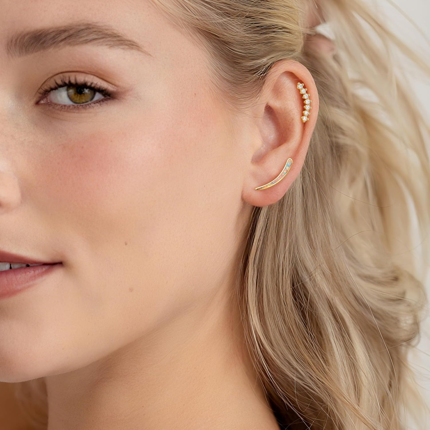 BodyBonita 3Pcs 16G Cartilage Earrings for Women, 316L Surgical Steel Flat Back Earrings Piercings, Opal CZ Stud Earrings Set, Lobe Conch Helix Daith Tragus Jewelry Gold Plated/Silver - Image 5