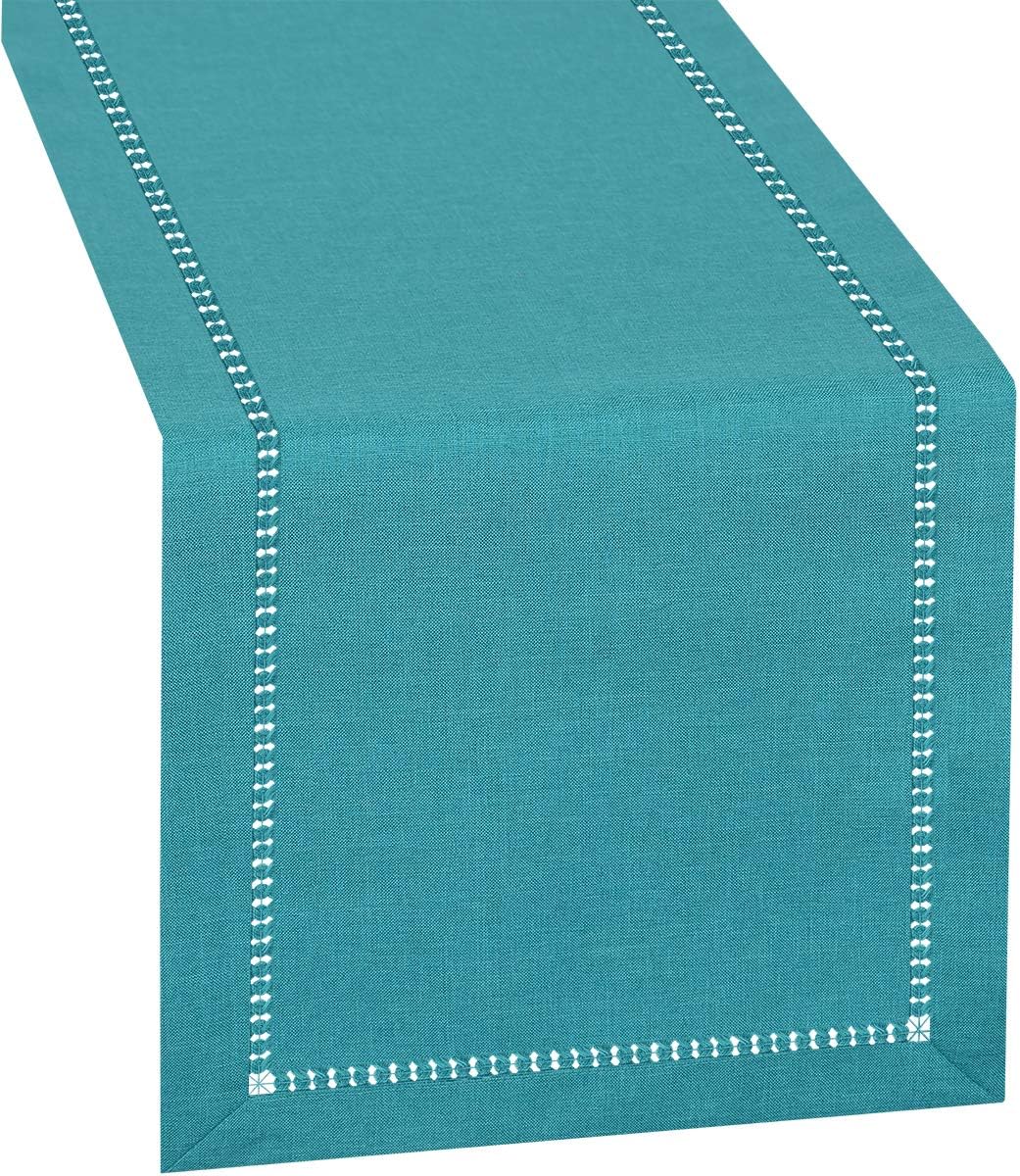 Grelucgo Handmade Hemstitch Teal Table Runner Dresser Scarf, Rectangular 14 by 54 Inch