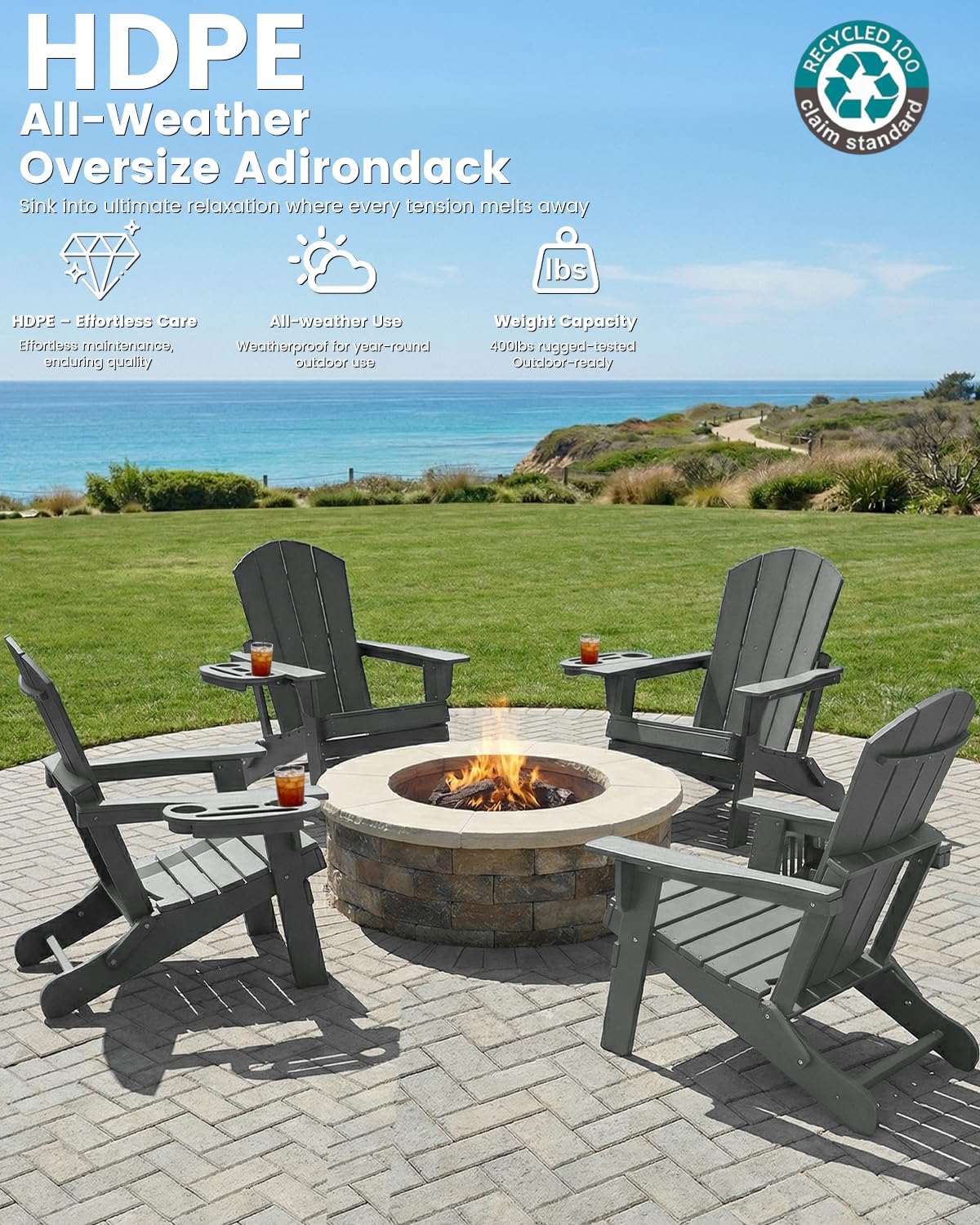 FOOWIN Folding Adirondack Chair Set of 4, HDPE Adirondack Chairs with Cup Holder, Weather Resistant Plastic Fire Pit Chairs for Outdoor, Patio, Lawn, Garden, Backyard, Deck, Grey