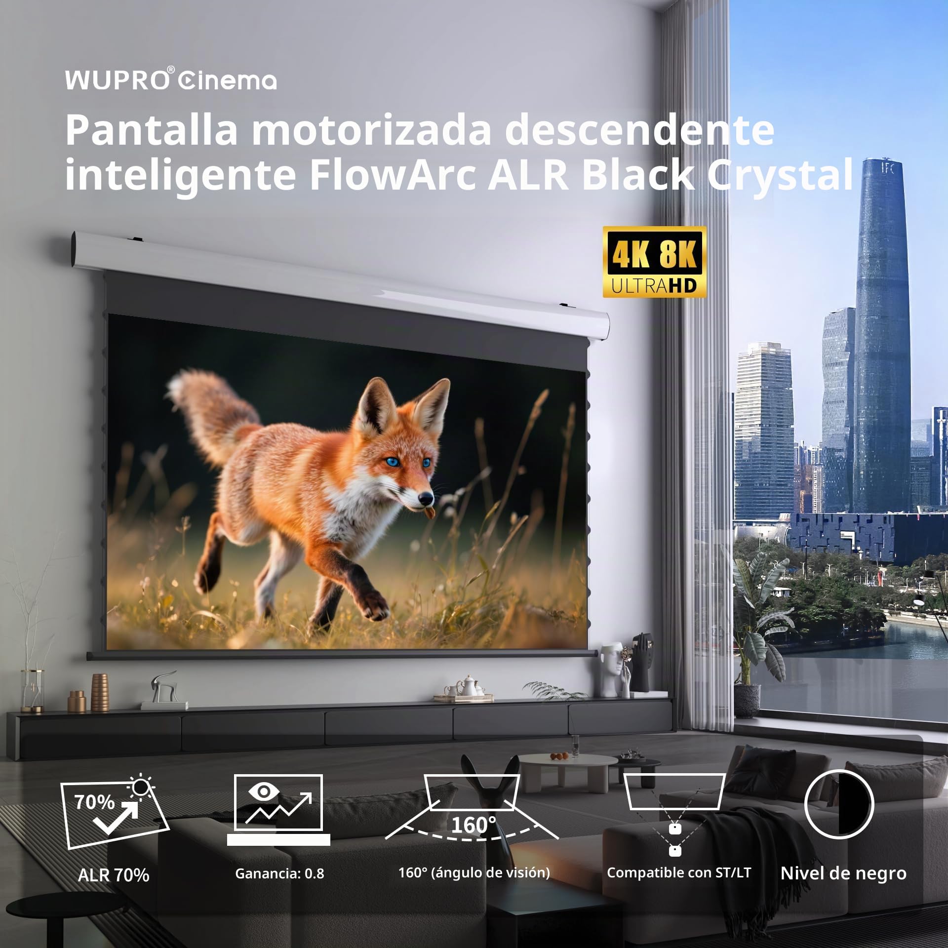 FlowArc Pantalla de Proyección 100 Pulgadas, Eléctrica Motorizada, Black Crystal 4K ALR, Montaje en Pared y Techo, Compatible con Proyectores ST/LT (No UST), para Ambientes Luminosos