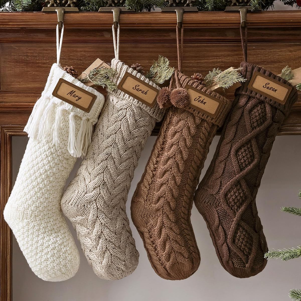 Farmhouse Knitted Personalised Christmas Stockings: 4 Pack 18 Inch Rustic Neutral Cable Knit Fireplace Stockings, Rustic Cozy Hanging Xmas Stocking Decorations for Family Holiday Décor, Earth Tones