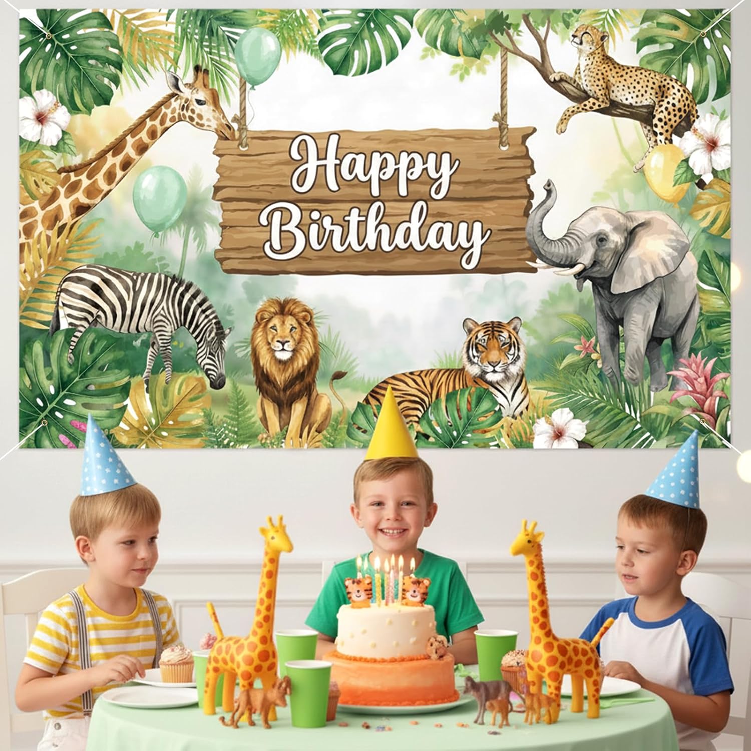 Jungle Safari Birthday Backdrop, Zoo Animals Decoration Banners, Green Tropical Forest Background for Kids, Wildlife Birthday Photo Booth Props & Party Supplies, 71x43