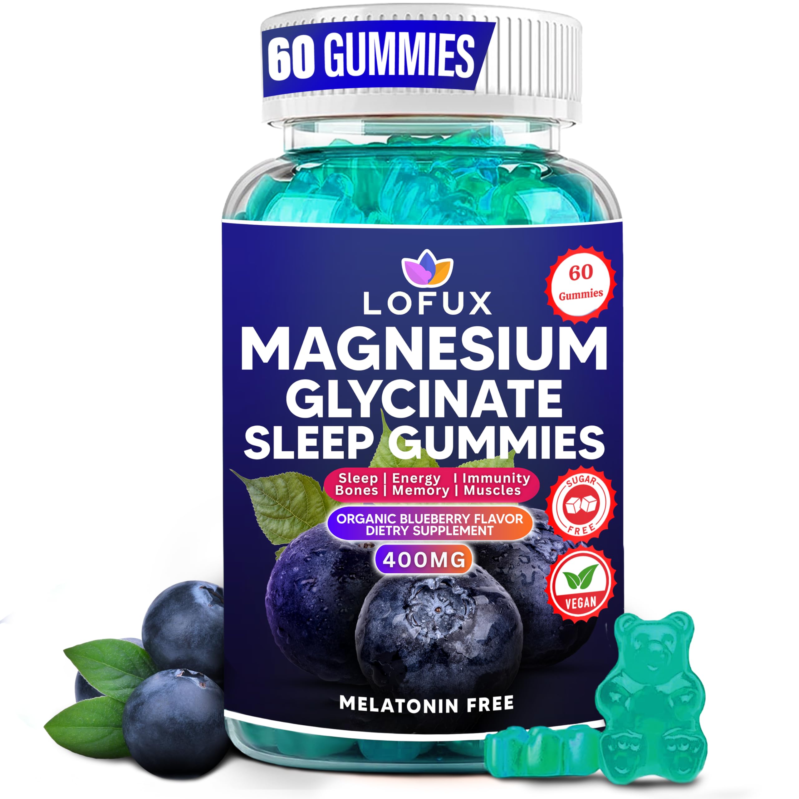Lofux Suplemento de Magnésio em Gomas com Magnésio Glicinato e L-Treonato 400 mg, 60 gomas