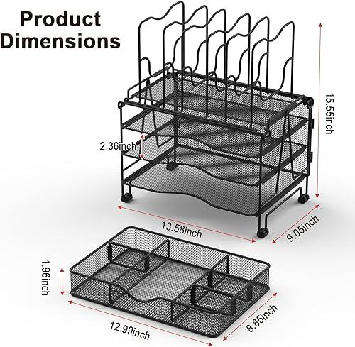 Miniatura 6 de Organizador de escritorio de malla, organizador de escritorio 3 en 1 con bandeja de 3 niveles y 5 secciones verticales, organizador de archivos para