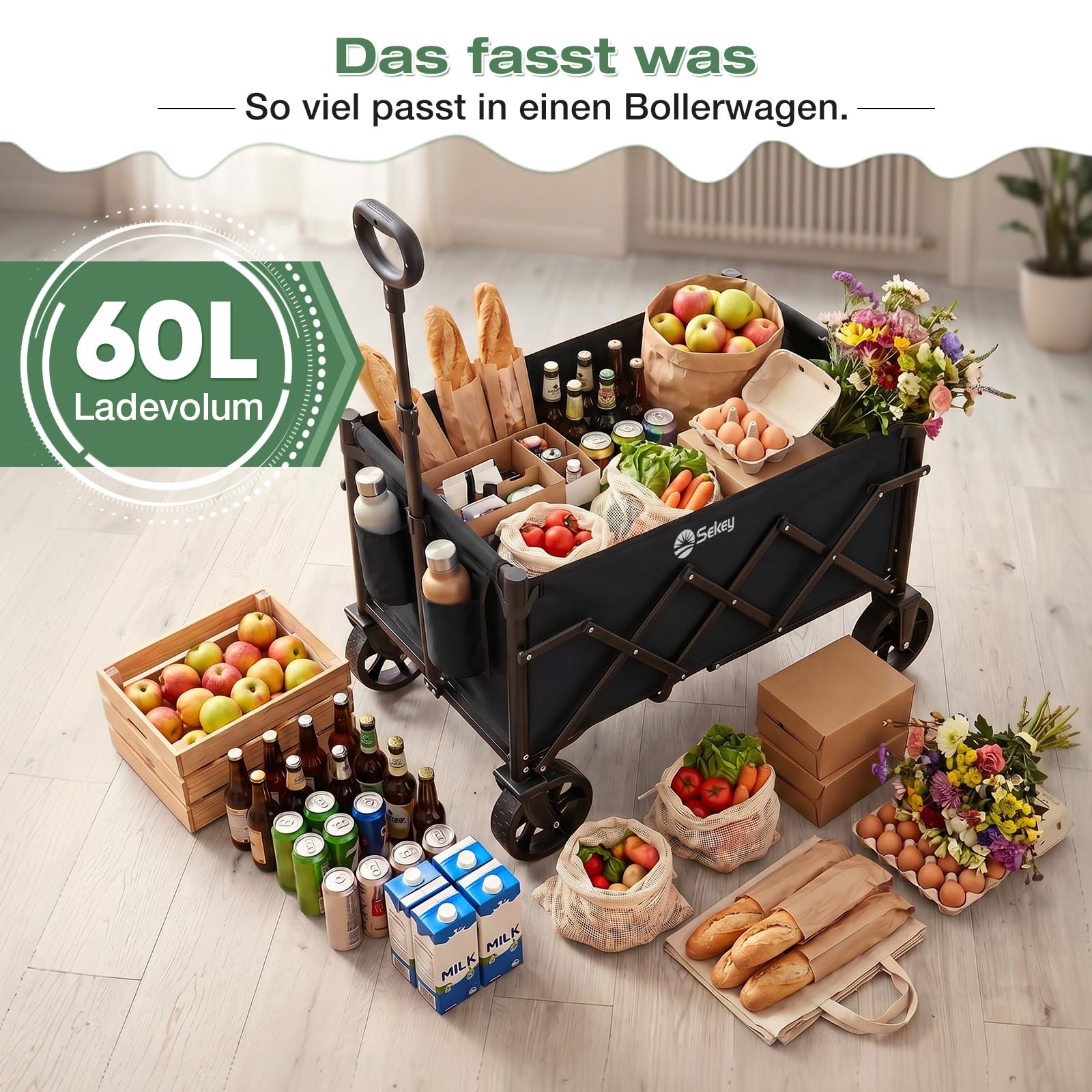 Sekey Bollerwagen Faltbar Klein 80KG, Handwagen Klappbar, Faltbarer Einkaufswagen Campingwagen mit Höhenverstellbarem Griff, Leicht & Platzsparend & Stabil, Mini 4029, Schwarz
