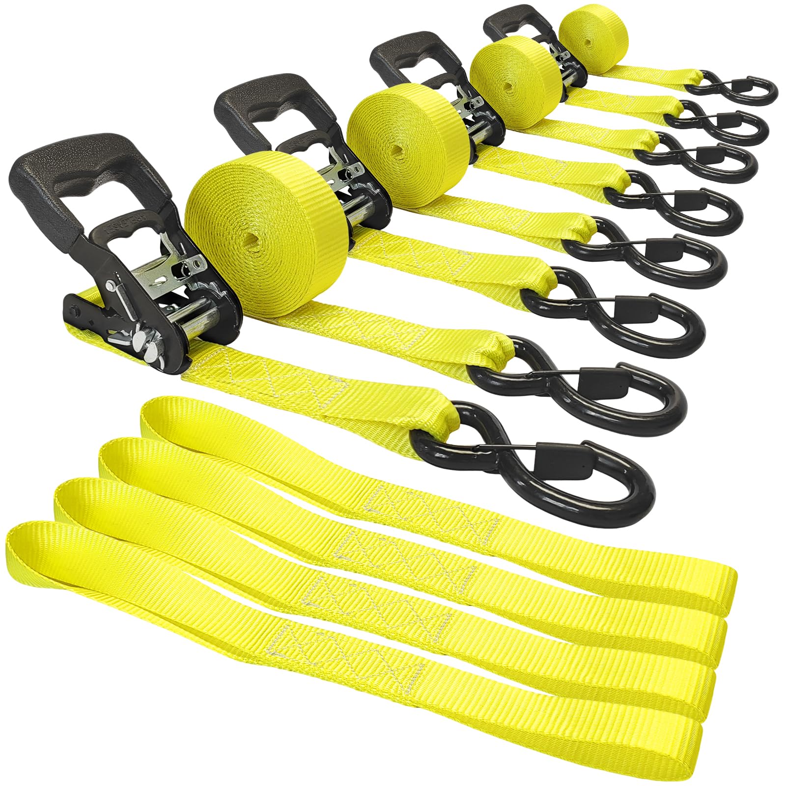 Ratschengurt-Set, 3,8 cm x 4,8 m, 2 kg Bruchfestigkeit, robuste Spanngurte mit Sicherheits-Haken und weichen Schlaufen zur Ladungssicherung, Spanngurte in LKWs, Anhängern, ATV, UTV, Motorrad