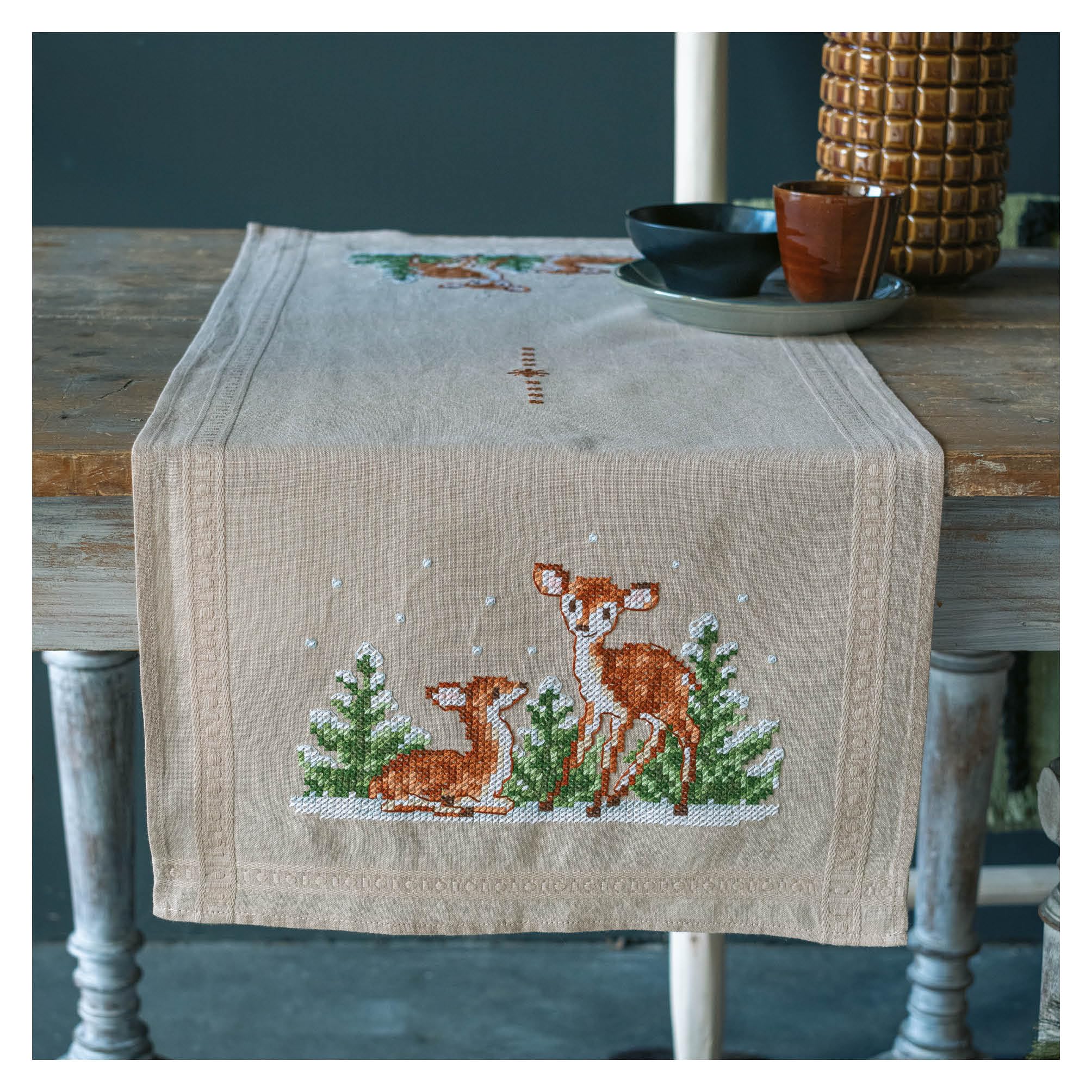 Vervaco Set of Table Runner Deer, Dark Beige, Approx. 40 x 100 cm