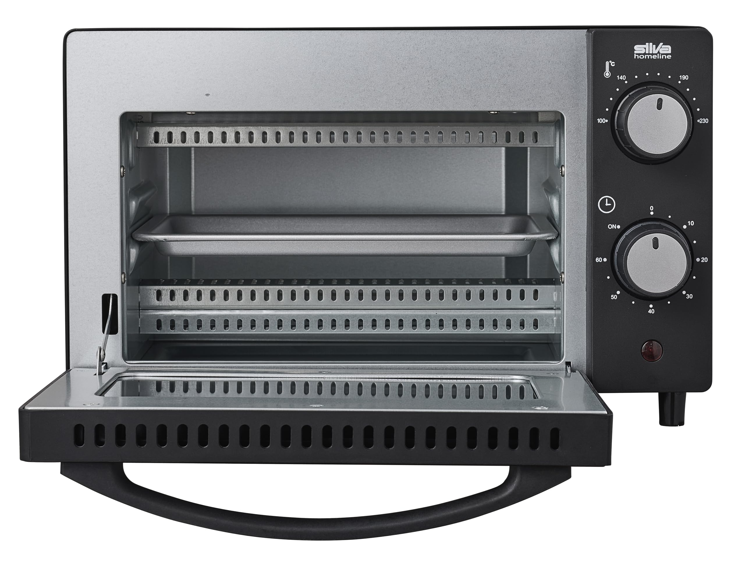 Silva Schneider Mini four MB 1000-10 l - Noir - 650 W - Réglage de la température de 100 à 230 °C - Minuteur avec signal de fin - Radiateur à quartz - Double porte en verre - Avec plat