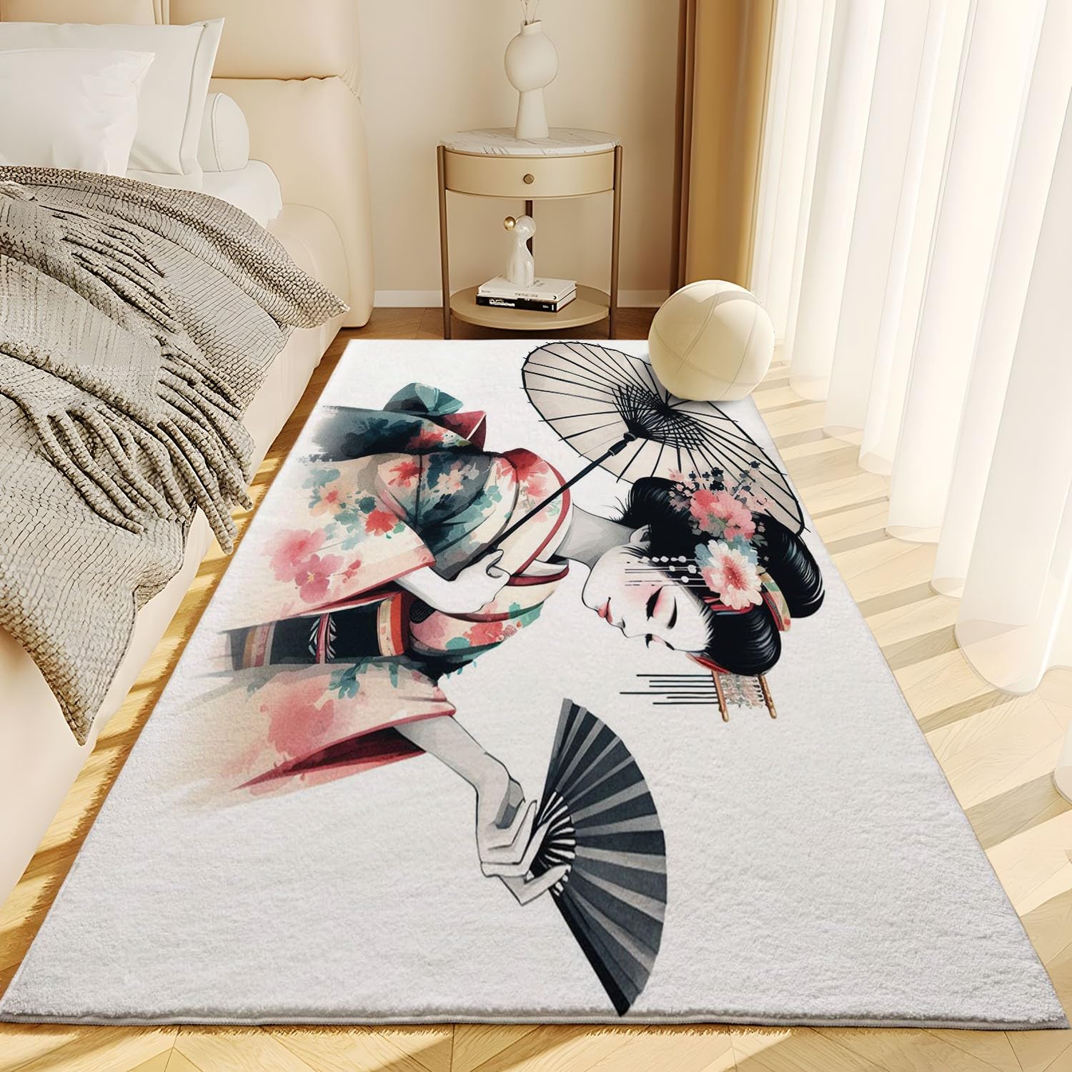 PICUAL Tapis Salon Lavable Femme Japonaise 80x150 cm Grand Tapis Salle a Manger, Moquette Chambre Descente de Lit, Tapis de Sol Lavable en Machine, Couloir, Antidérapant et Résistant
