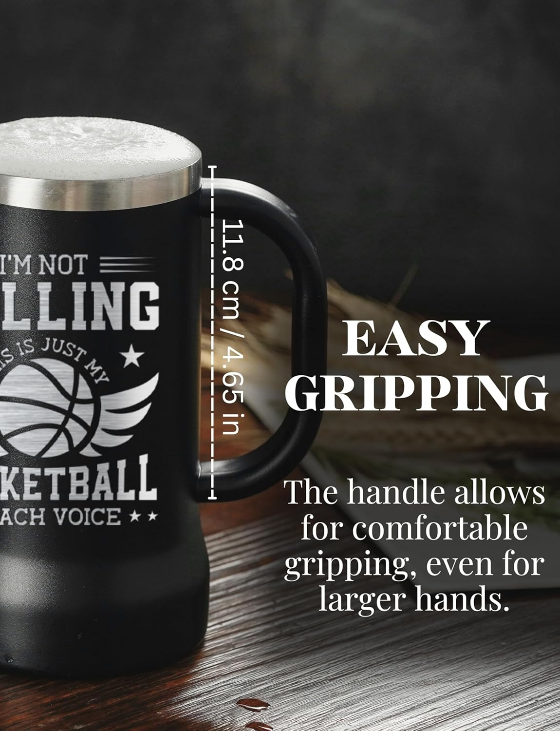 Onebttl Basketball Gifts for Men, Players, Coach, Stainless Steel Beer Stein Tumbler, 24oz Beer Mug with Lid, Black, Coach Voice - Image 4