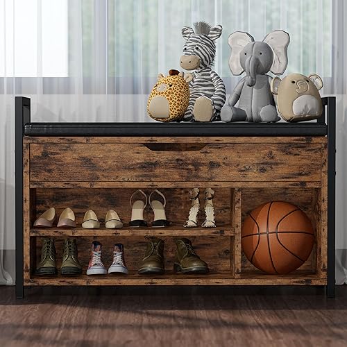 Miniatura 2 de IRONCK Banco de almacenamiento de zapatos, banco de entrada con caja de almacenamiento con tapa abatible, banco de metal y tablero para entrada,