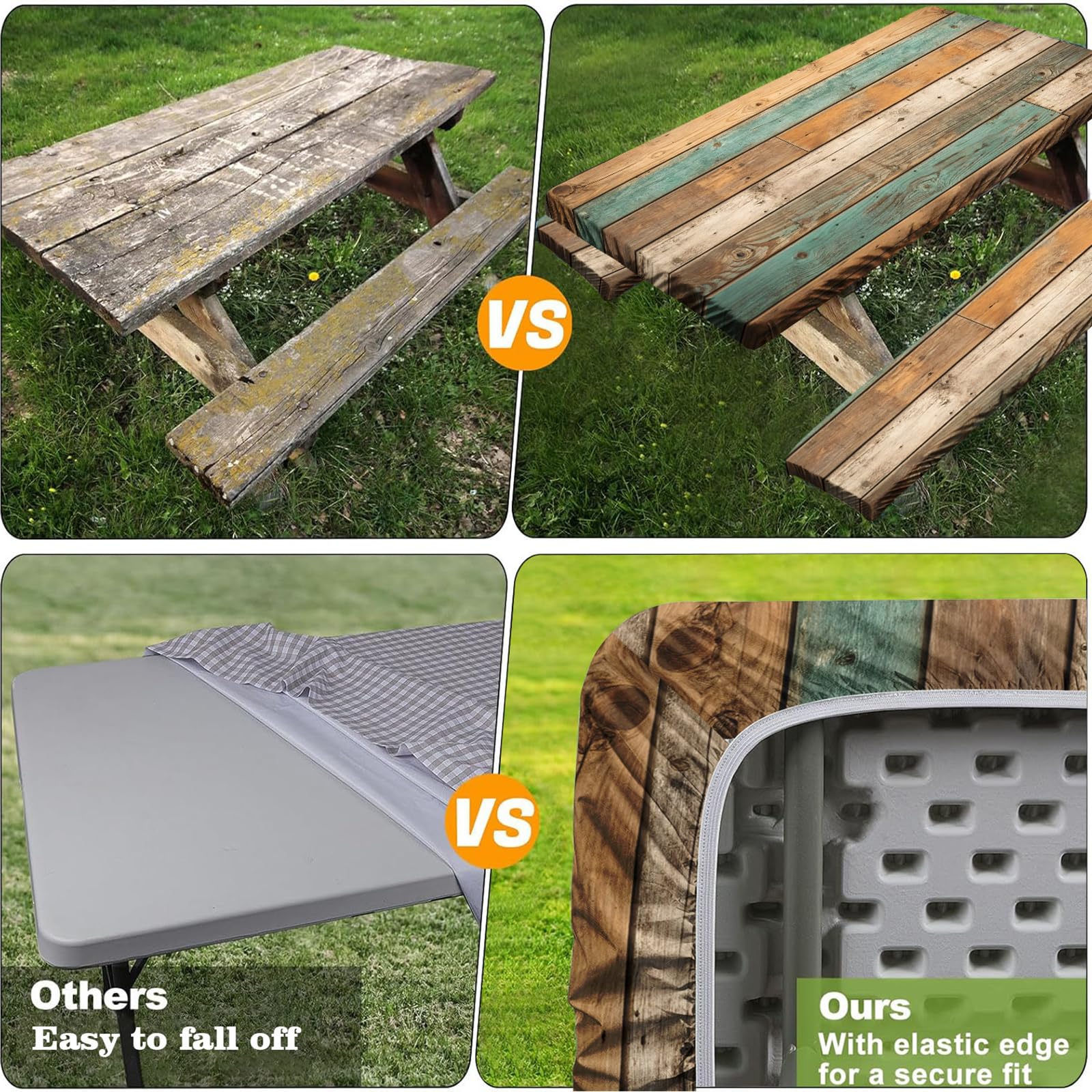 Funda de mesa de picnic ajustada con fundas de banco, funda de mesa de picnic al aire libre, 3 piezas, 8 pies, impermeable, elástico en todo el contorno, imitación de grano de madera, para picnic al