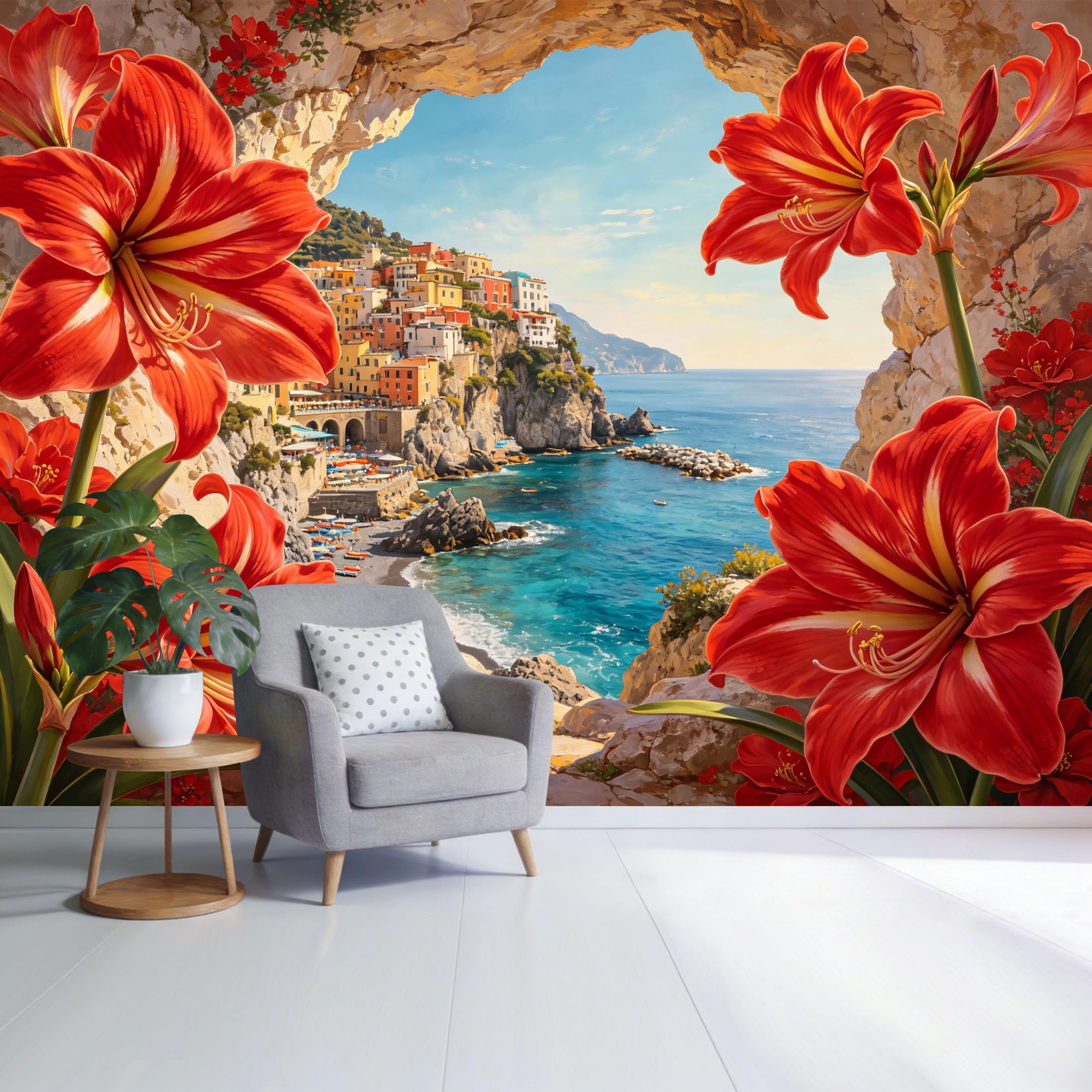 Custom Size Wall Mural Coastal Mediterranean Village View Through Cave with Red Lily Flowers Ocean Landscape SelfAdhesive Wall Fabric Removable Wallpaper for Home Office Decor