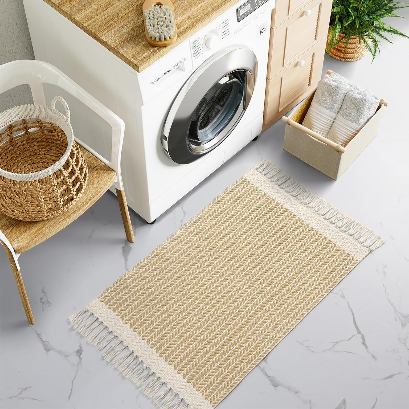 The Seeker Boho Bathroom Mat, Washable Thin Indoor Door Mat, Soft Absorbent Kitchen Rug, Small Tan Woven Cotton Area Rug with Tassels, Low Pile Carpet for Front Door, Bath, Bedroom or Laundry