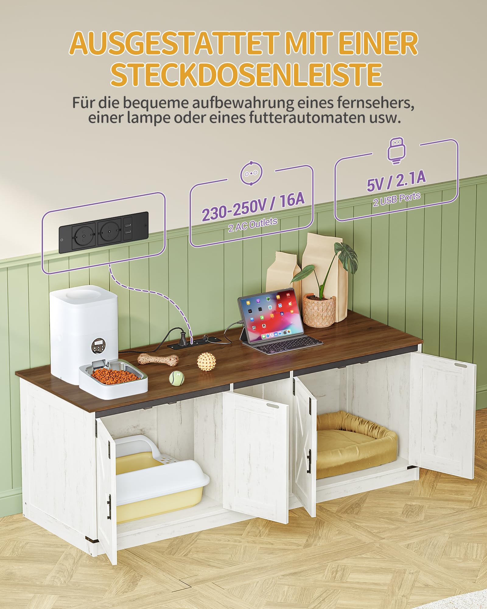 Hzuaneri Katzenschrank, 140 × 50 × 53,5 cm Katzenklo Schrank, Braun-Weiß | mit USB-Anschlüssen und Steckdosen, Katzentoilette für 2 Katzen, Katzenhaus für den Innenbereich mit Katzenglocke, CB82514X