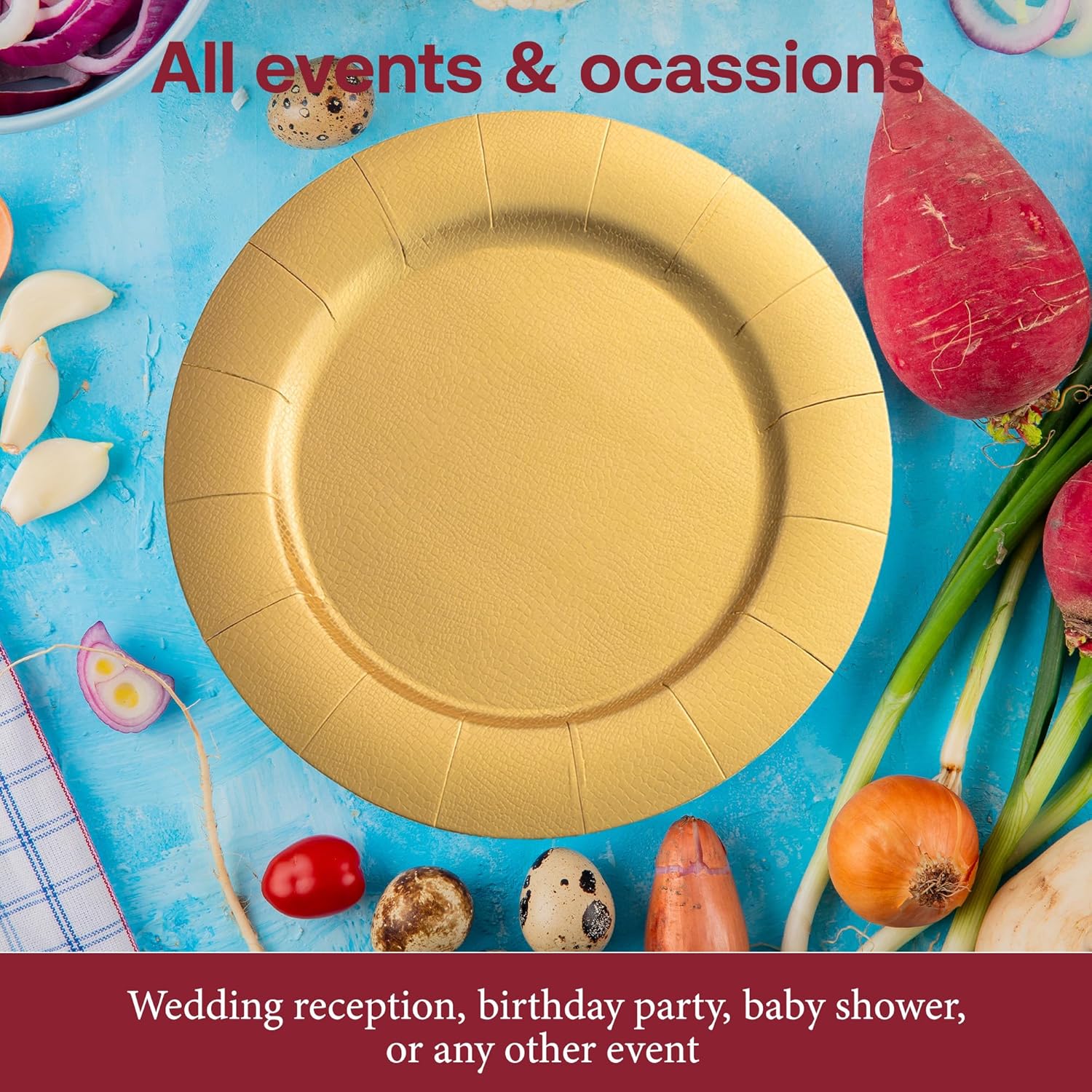 Smarty Had A Party 120 Pieces Gold Paper Charger Plates 13" – Round Disposable Chargers for Dinner Plates, Elegant Heavy-Duty Wedding Tableware & Decorative Gold Party Settings