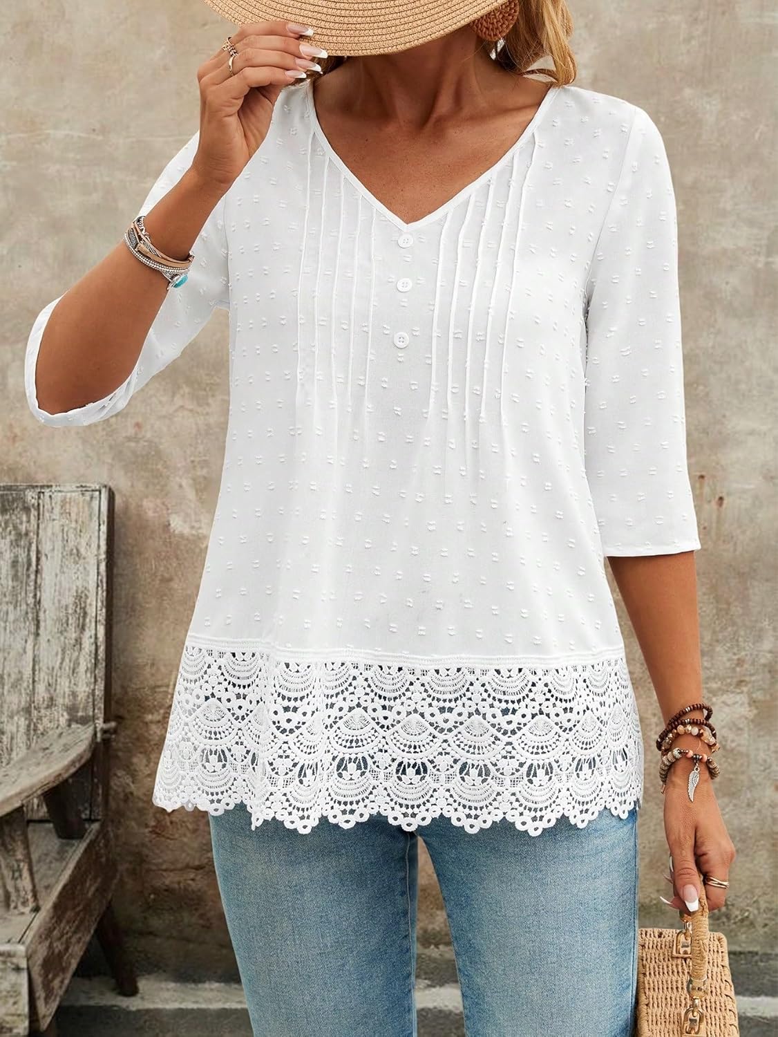 Women's Classic-Fit Shirt Color V-Neck 3/4 Sleeve Lace Hem Blouse