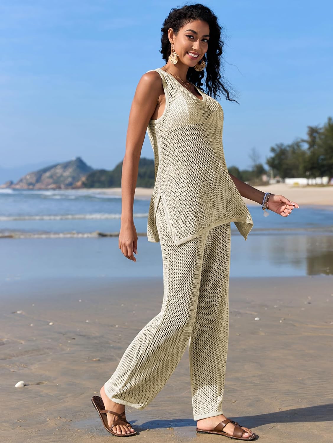 Famulily Womens 2 Piece Crochet Knit Outfits Summer Hollow Out Cover Up Sets Sleeveless Deep V Neck Top and Wide Leg Pants - Image 3