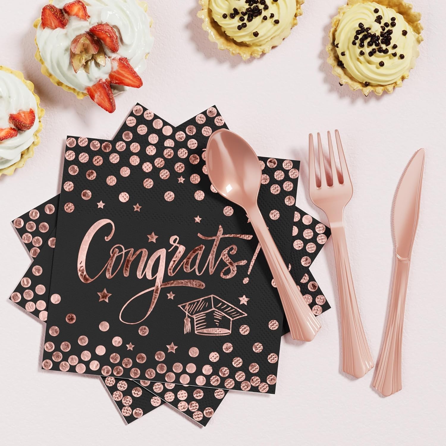 Ecomore 2026 Graduation Party Supplies - 175 PCS Congrats Grad Disposable Dinnerware Set w/Rose Gold Paper Plates Cups Napkins & Plastic Cutlery, Serves 25 Guests for School College Grad Celebration