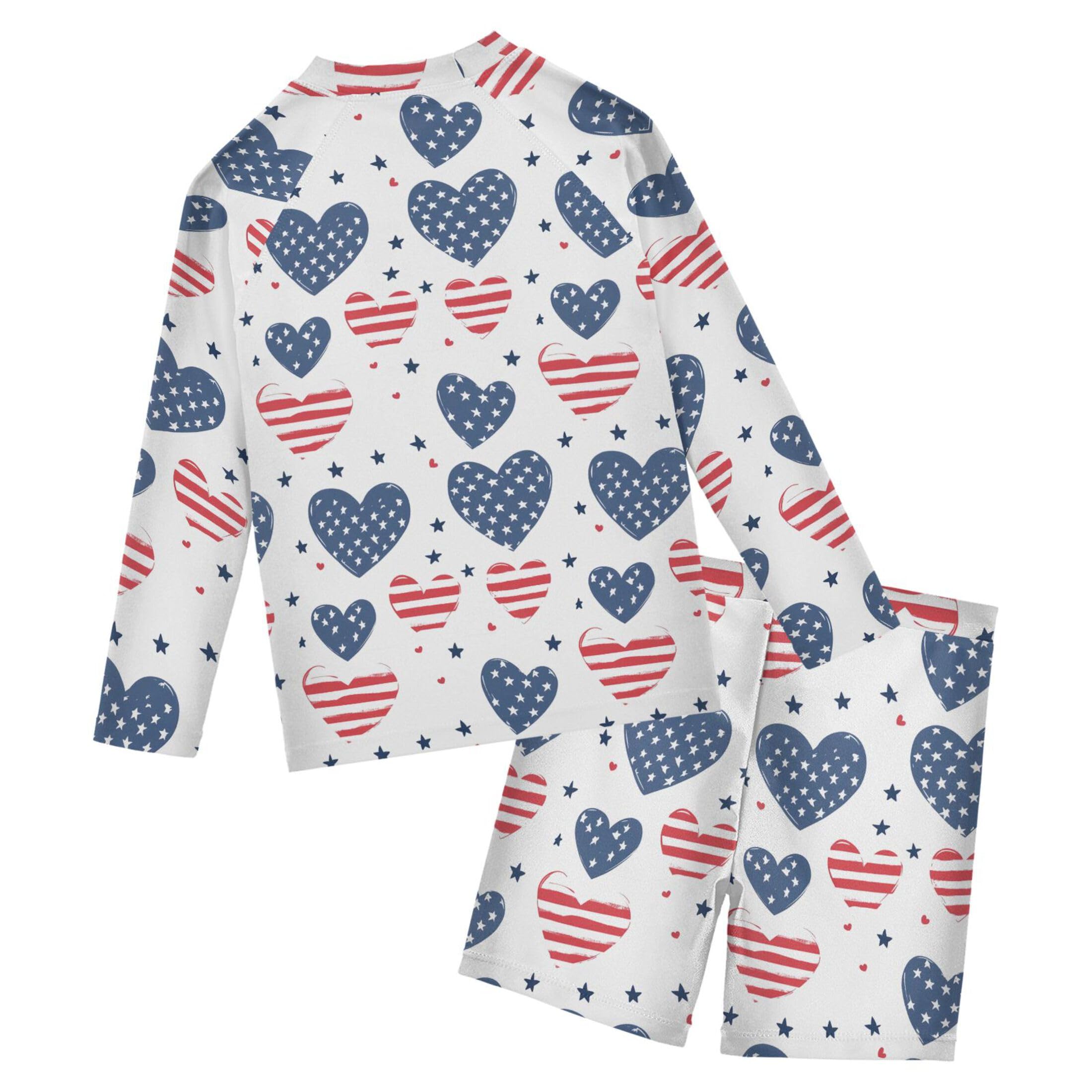 July 4th Independence Day Heart Baby Boys' Toddler Long Sleeved Rashguard Swim Bathing Suit Set B0404588