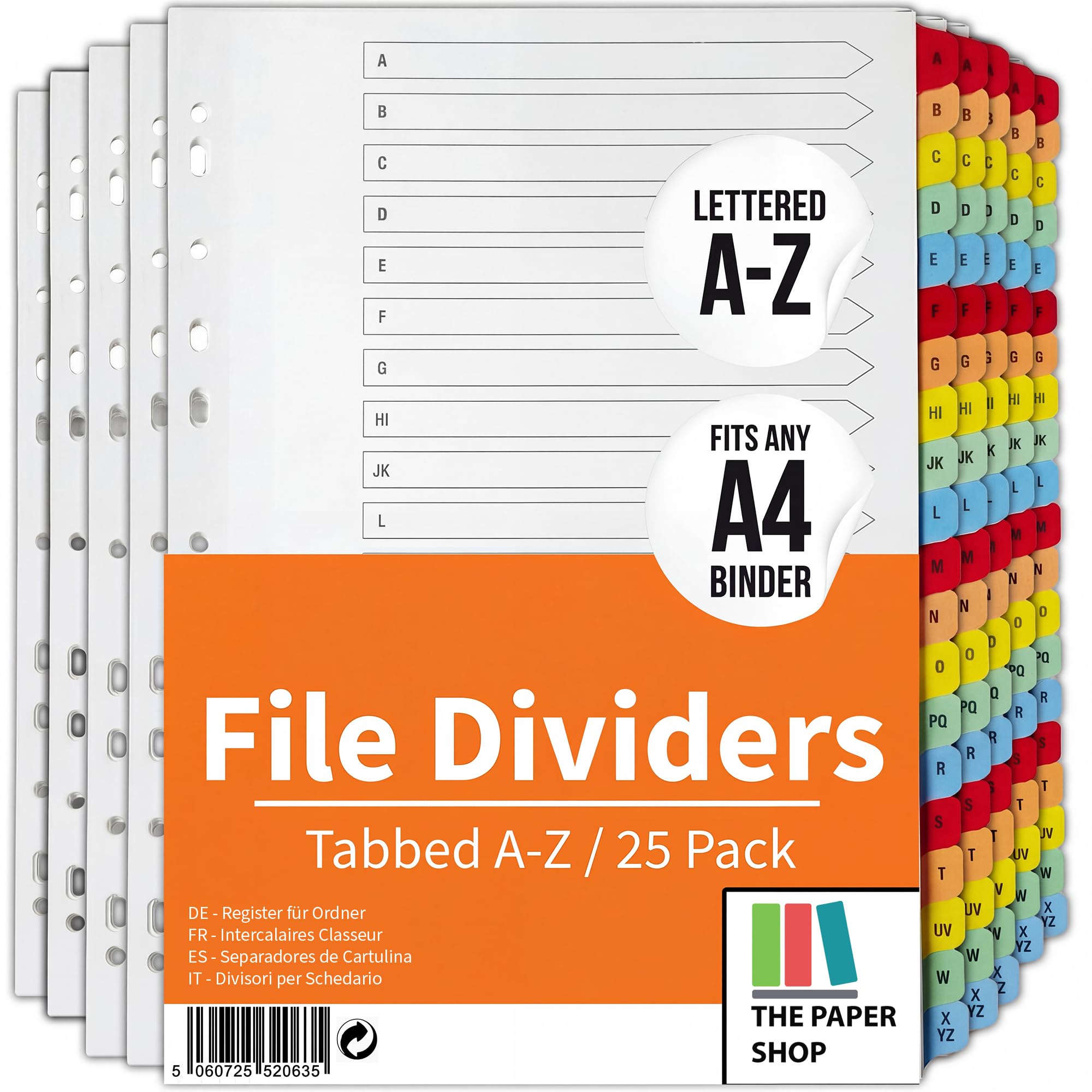 The Paper Shop A4 Ordner Register Unterteiler Hochformat 150 g/m² | 25 Pack | 20-Teilig Alphabet A-Z Mehrfach Gelocht | Kunststoff Tabs Für Büro Schule Archiv Organisation