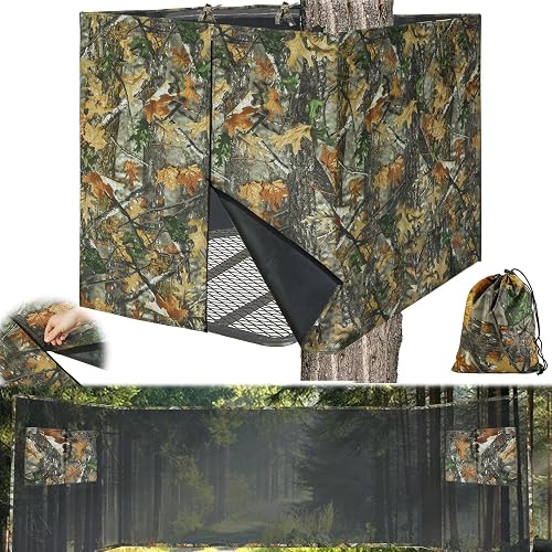 See Through Hunting Tree Stand Blind Kit, 102'/142' x 35' Visible 2 Man Ladder Stand Blinds Treestand Camo Blind Cover w