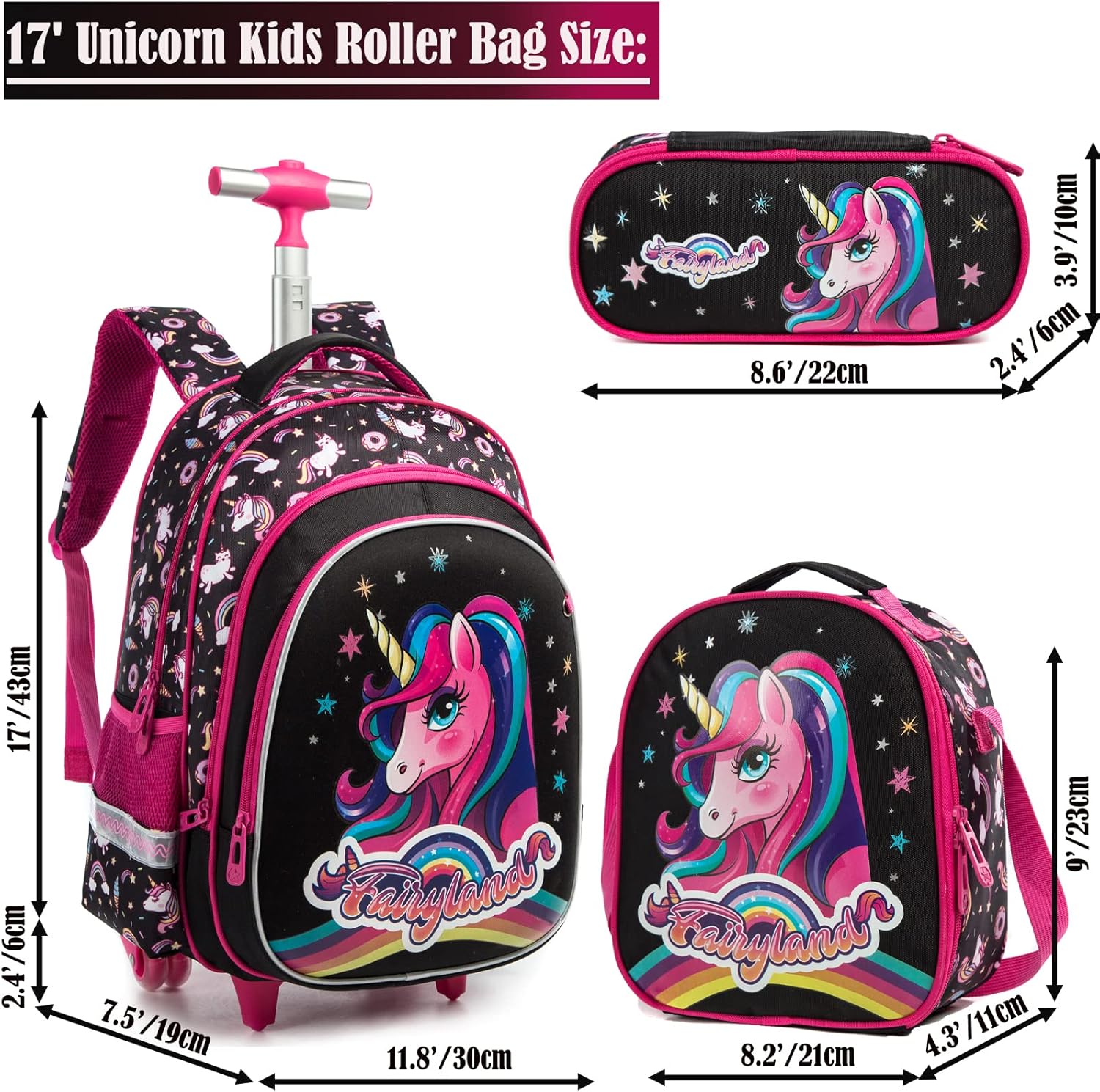 Egchescebo 3-in-1 Girls Rolling Backpack with Wheels, Modern Pink, 17' x 12' x 8', 25L, Waterproof, Graphic Animal Theme, 7 Pockets, 3 Compartments, For Girls Aged 6-18, School, Travel