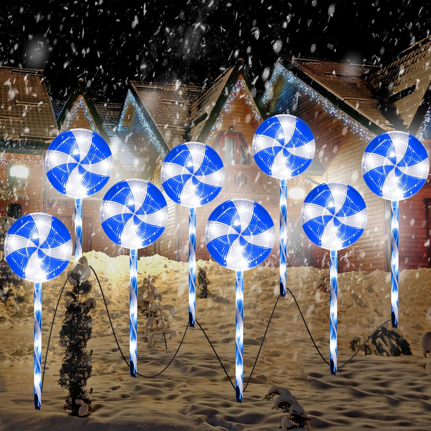 Ganeen 16 Pack 25.6\" Lollipop Christmas Pathway Lights Outdoor Candy Pathway Markers Christmas Decorations with 8 Lighting Mode String Lights Plugin for Yard Lawn Walkway(Blue)