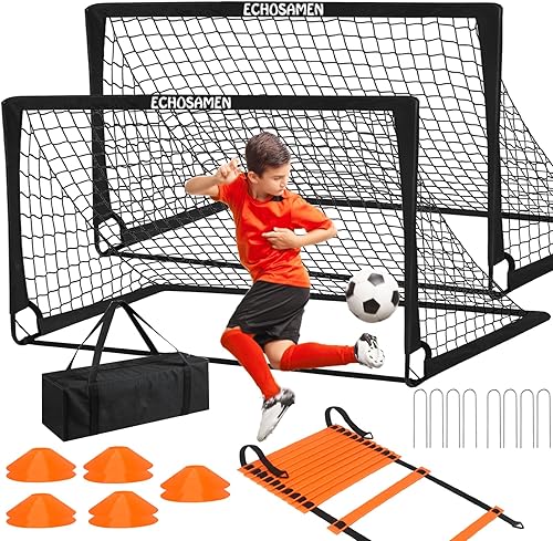 Porterías de fútbol para niños para patio trasero, 2 de 6 x 4 pies, red de fútbol para niños con 10 conos de fútbol, escalera de agilidad y bolsa de