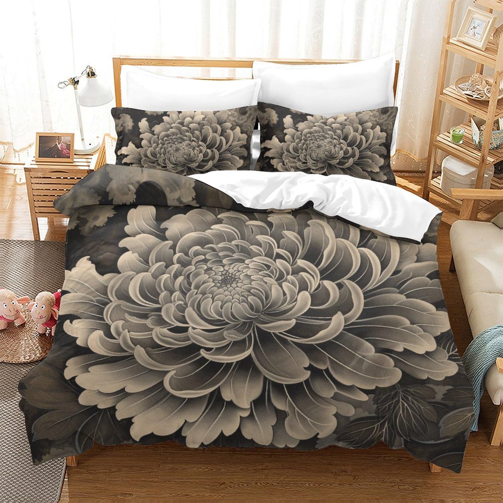 Housse de couette chrysanthème 3D microfibre respirante contre la chaleur et transpiration