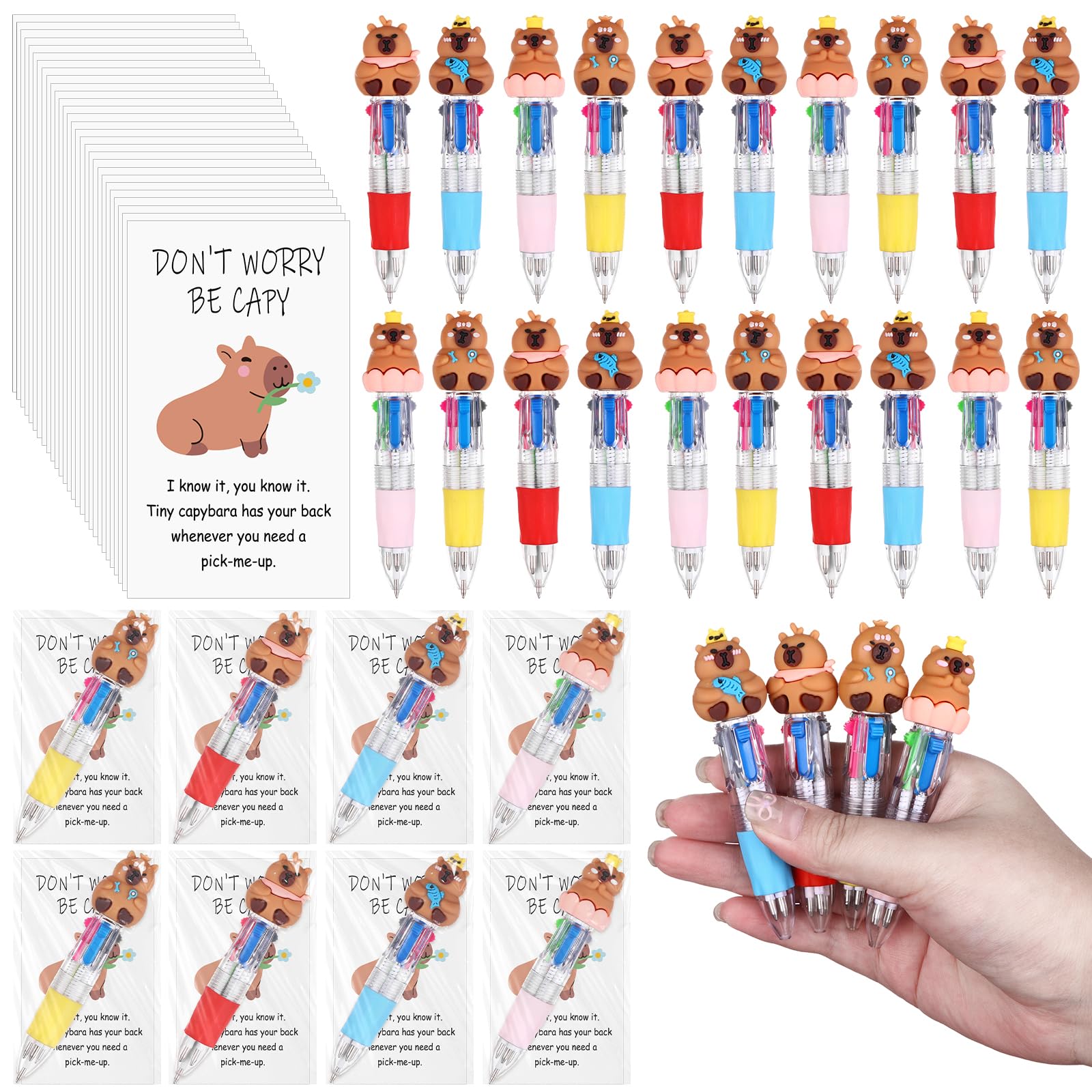 20 Sets Capybara Stationery Party Gifts Capybara 4-in-1 Ballpoint Pens with Emotional Support Cards Employee Appreciation Gifts for School Staff Coworkers Classroom Inspirational Gift for Learners
