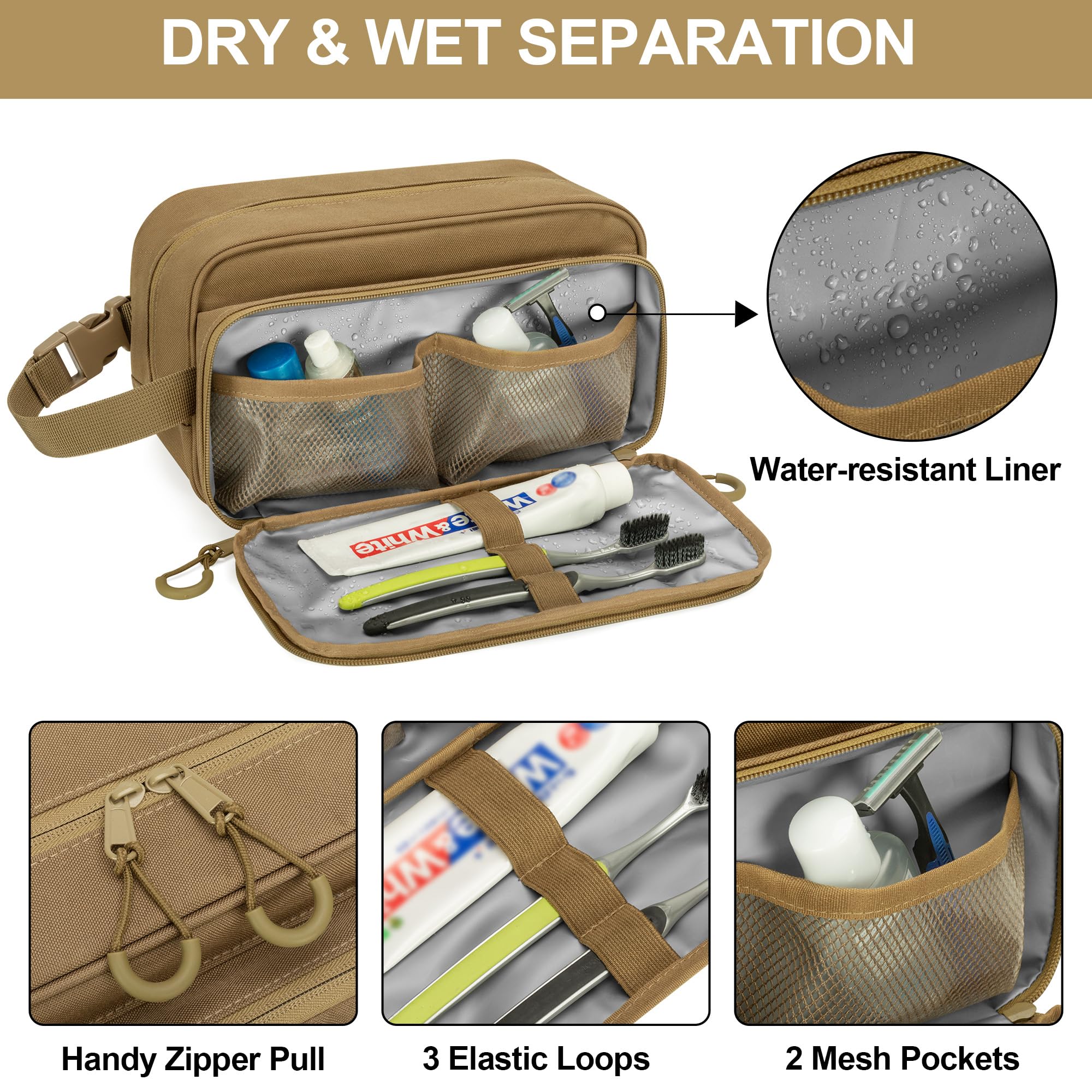 Borsa tattica da viaggio da uomo, kit Dopp per rasatura, organizer per articoli da toeletta, doccia e accessori per la cura della toelettatura (solo borsa vuota, design brevettato), Cachi