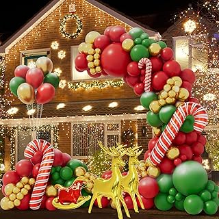 Bonropin Christmas Balloon Garland Arch kit with Christmas Red Gold Green Balloons Xmas Candy Cane Balloons Moose Sleigh Balloons for Merry Christmas Party Decorations Supplies