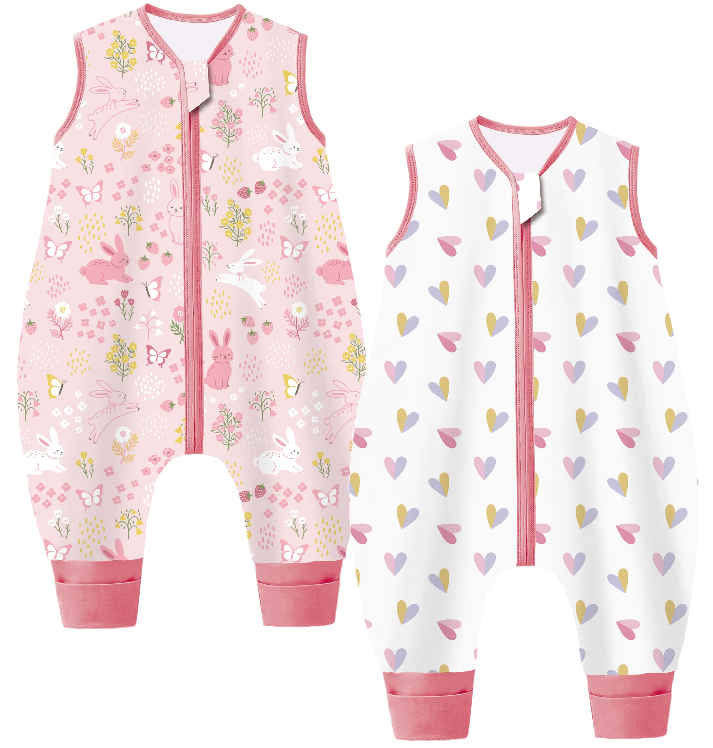 Chilsuessy Toddler Sleeping Bag with Feet 2pcs 1.5 Tog Baby Sleeping Sack with Legs 100% Cotton, 1.5 Tog/Pink Rabbit Set, 100cm/4-5 Years