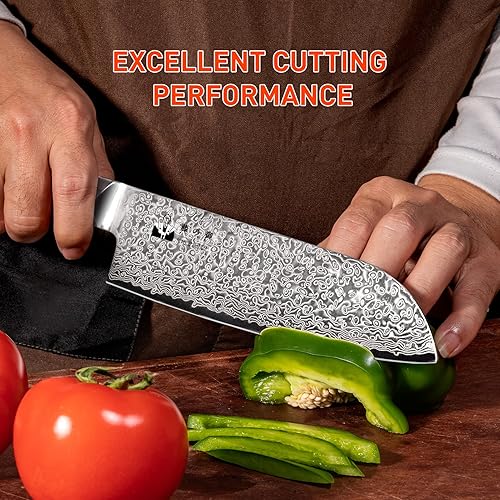 Vista 5 de Santoku - Cuchillo de cocina profesional VG-10 de 7 pulgadas con núcleo de corte de 67 capas, cuchillo de chef con mango hexagonal de madera natural