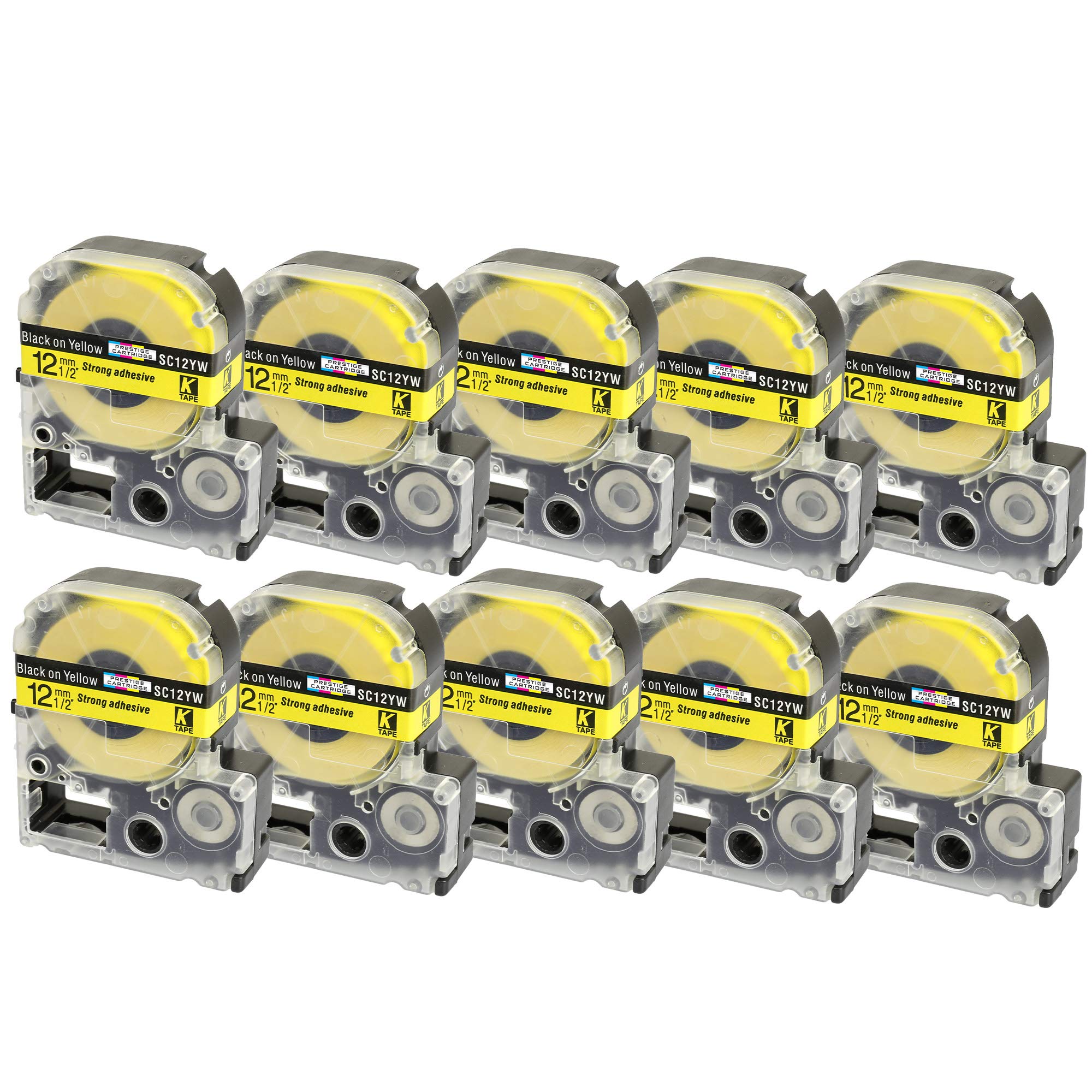 10x Nastro per Etichette compatibile per Epson SC12YW LC-4YBW LC-4YBW9 Nero su Giallo 12mm x 8m | per Etichettatrice Epson LabelWorks LW-300 LW-300L LW-400 LW-500 LW-600P LW-700 LW-900P LW-1000P
