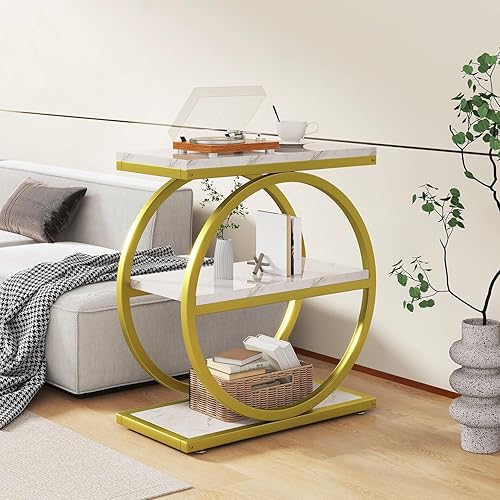 Miniatura 8 de IBUYKE Mesa auxiliar estrecha con 3 estantes de almacenamiento, mesa auxiliar de sofá industrial, marcos de metal redondos dobles, mesita de noche
