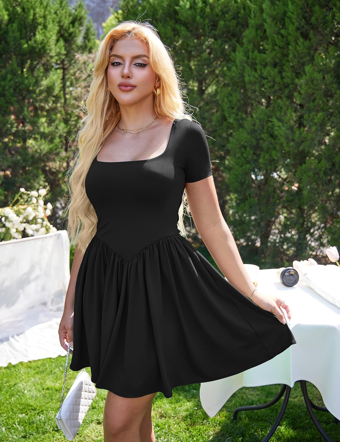 YMDUCH Women's Casual Short Sleeve Square Neck A-line Flowy Hem Party Dress with Pockets - Image 5