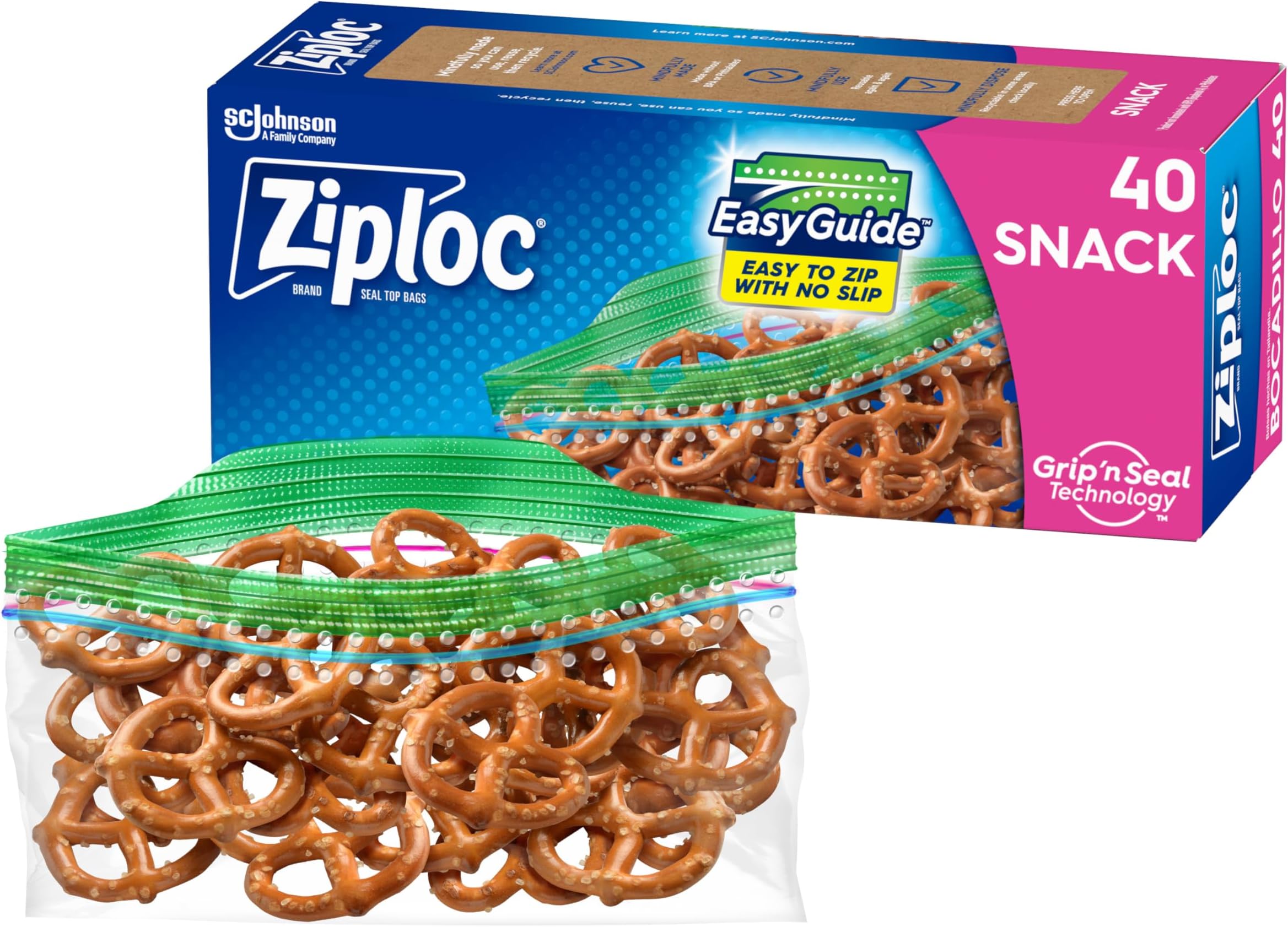 Snack Bags with EasyGuide Texture, Small Plastic Storage Bags with Grip 'N Seal Technology, 40 Bags Total